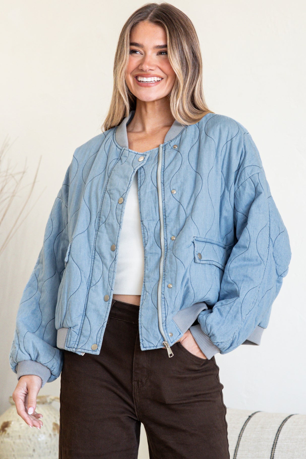 Brixton Jacket - Round Neck Quilted Bomber Jacket with Zipper & Snap Button Closure in Light Denim
