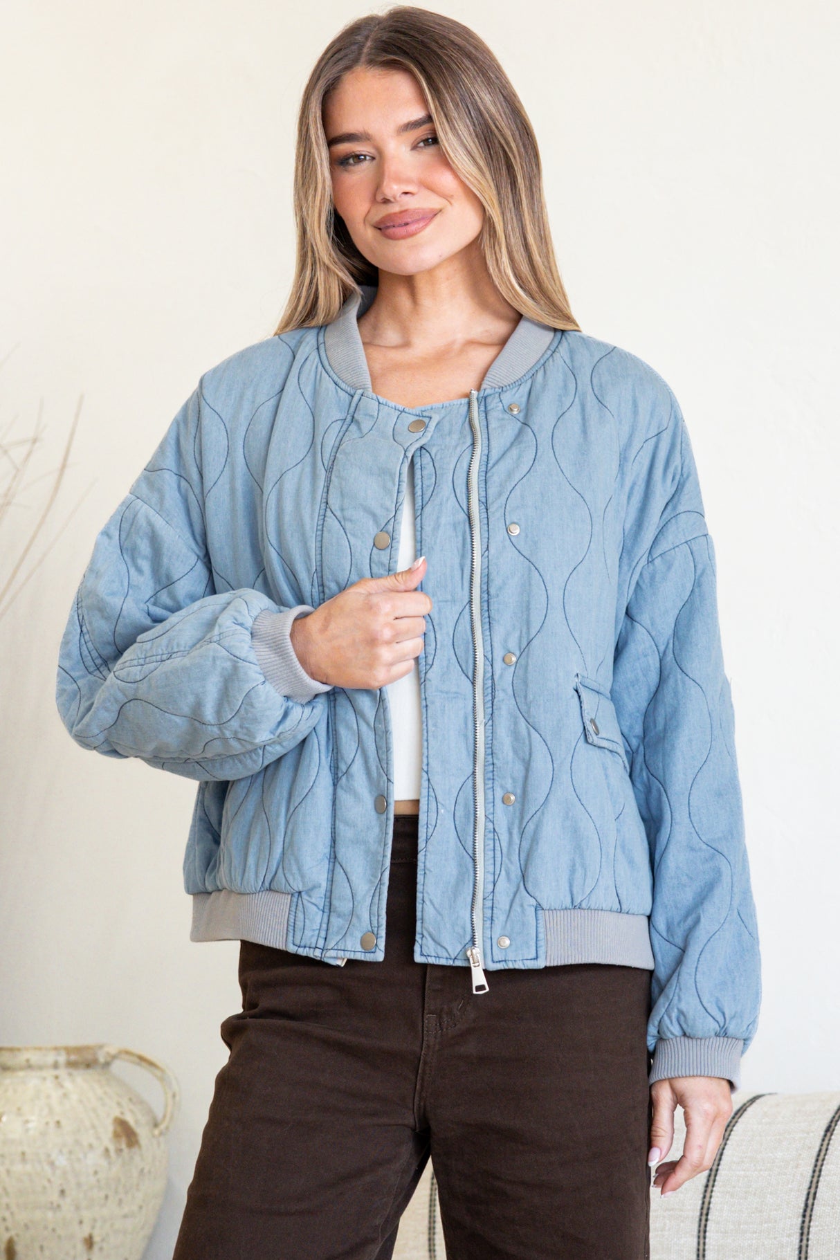 Brixton Jacket - Round Neck Quilted Bomber Jacket with Zipper & Snap Button Closure in Light Denim