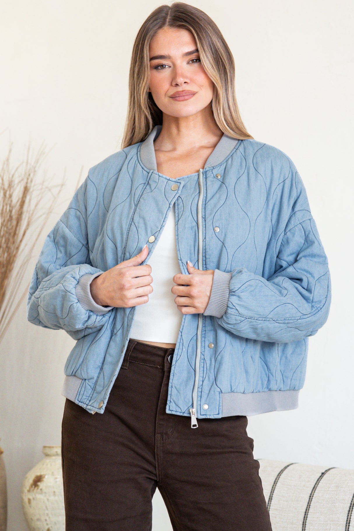 Brixton Jacket - Round Neck Quilted Bomber Jacket with Zipper & Snap Button Closure in Light Denim