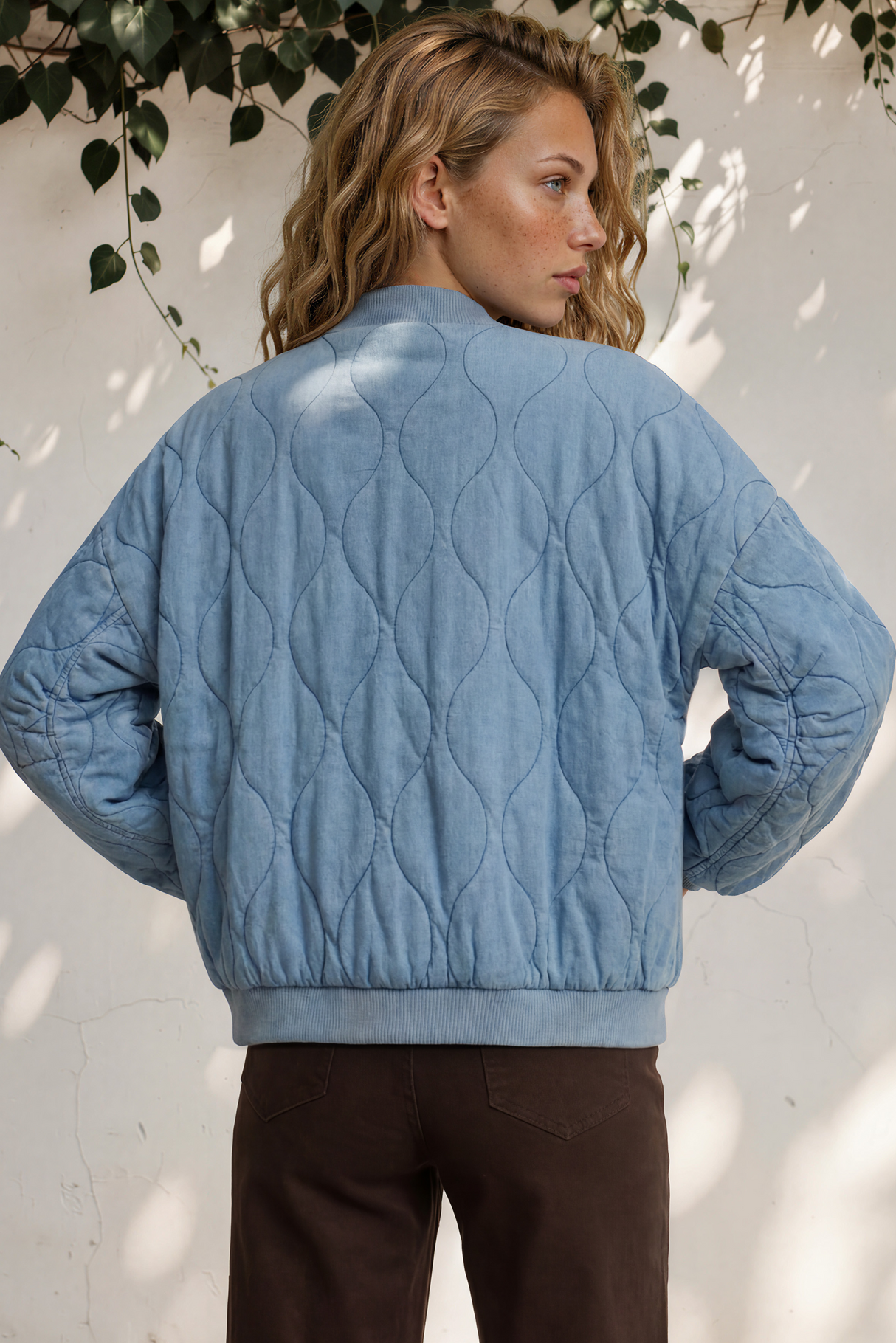Brixton Jacket - Round Neck Quilted Bomber Jacket with Zipper & Snap Button Closure in Light Denim