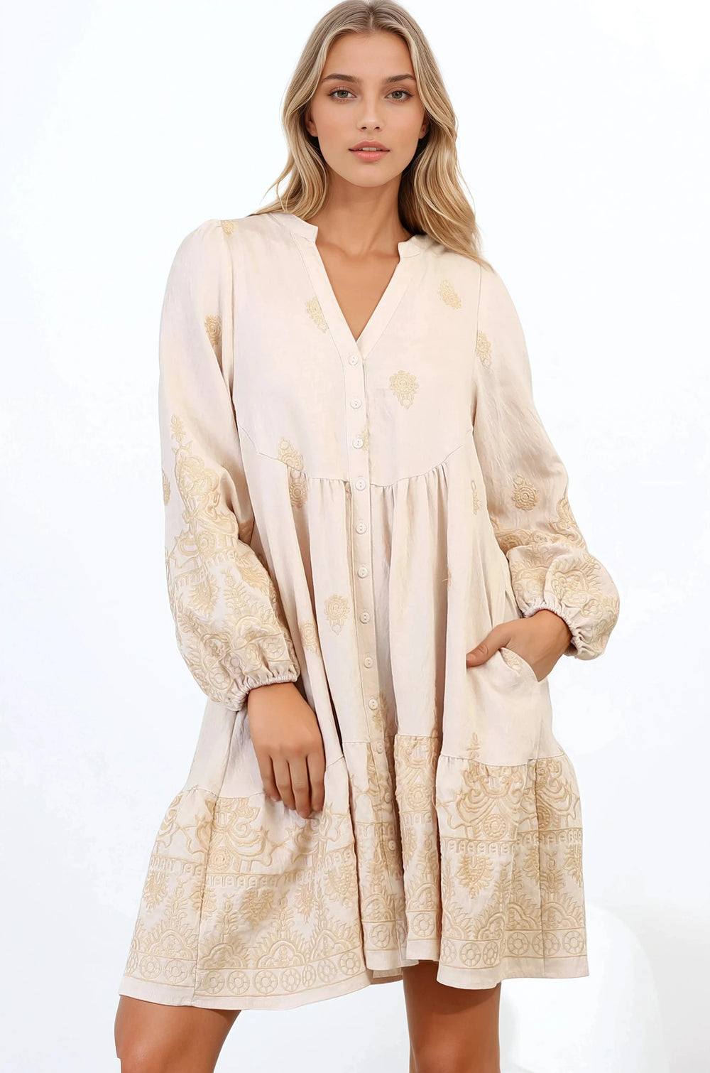 Brooke Mini Dress - Mandarin Collar Embroidered Button Down Dress with Pockets in Beige