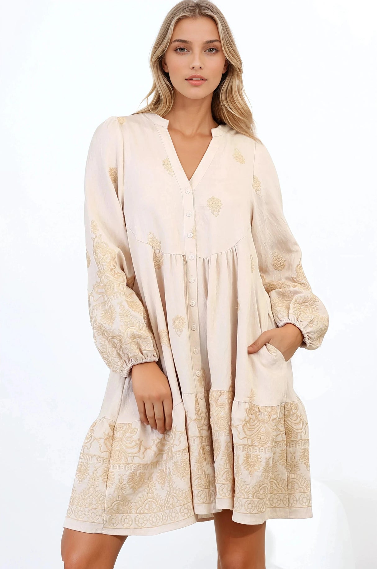 Brooke Mini Dress - Mandarin Collar Embroidered Button Down Dress with Pockets in Beige