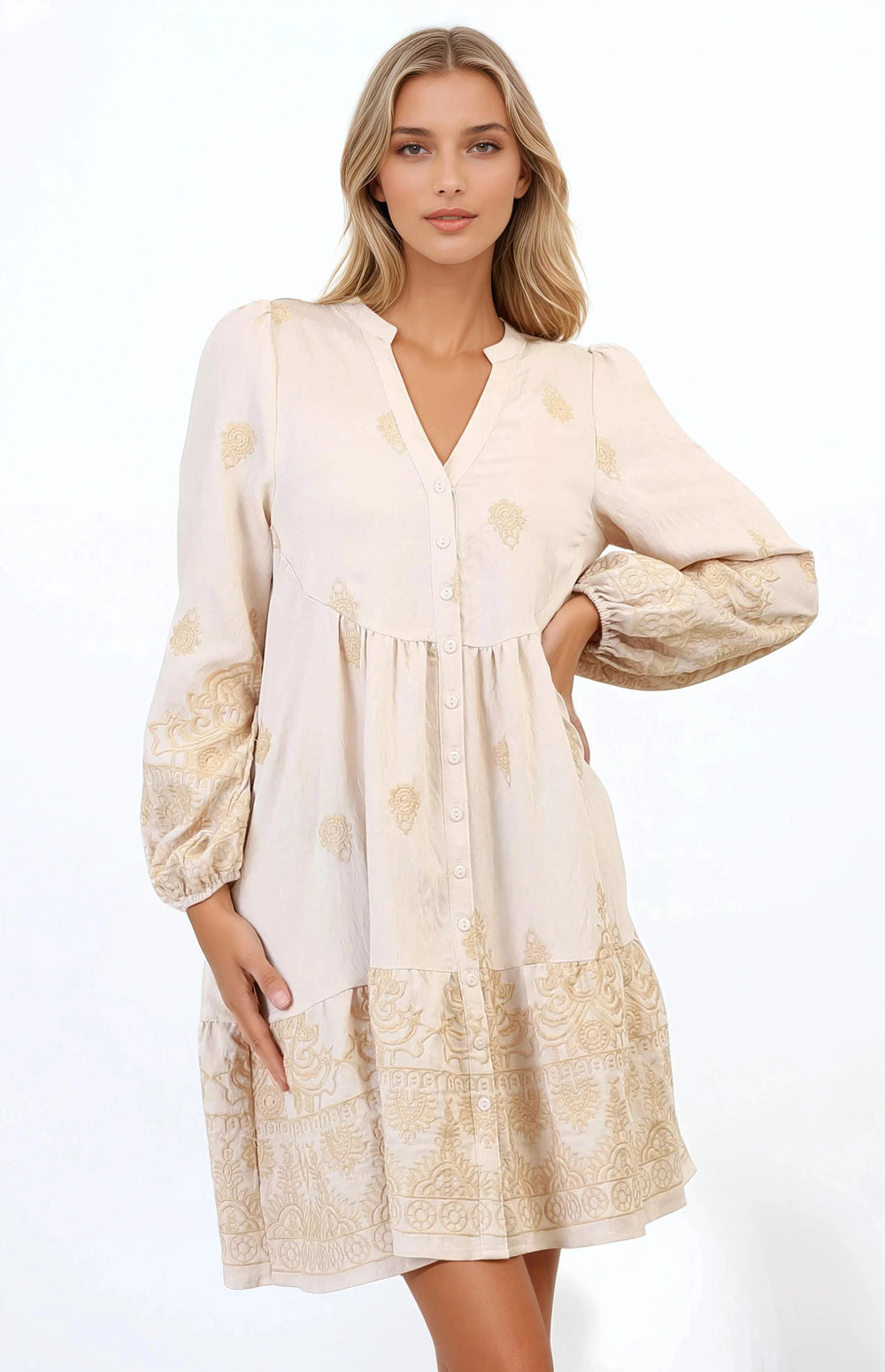 Brooke Mini Dress - Mandarin Collar Embroidered Button Down Dress with Pockets in Beige