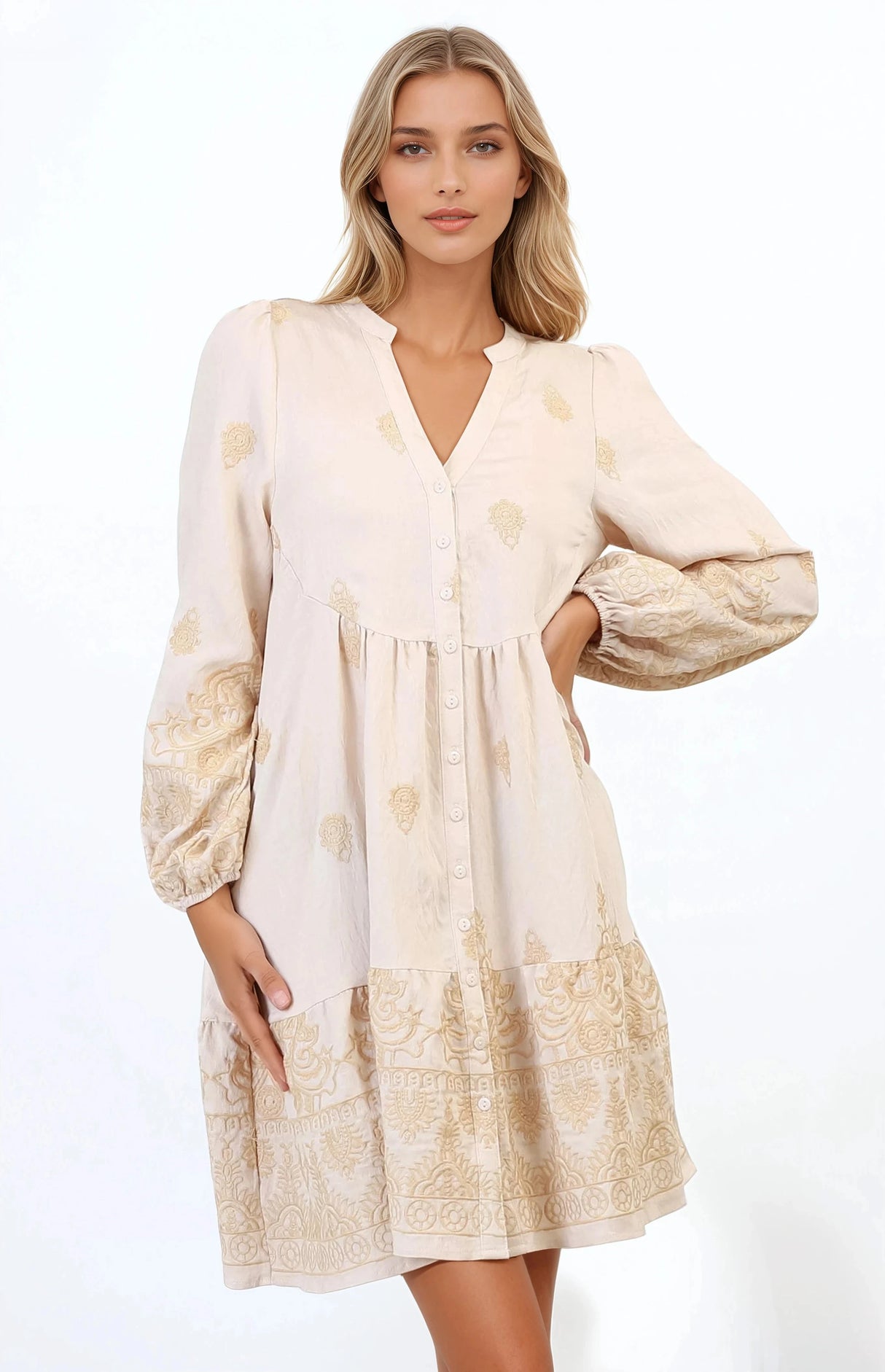 Brooke Mini Dress - Mandarin Collar Embroidered Button Down Dress with Pockets in Beige