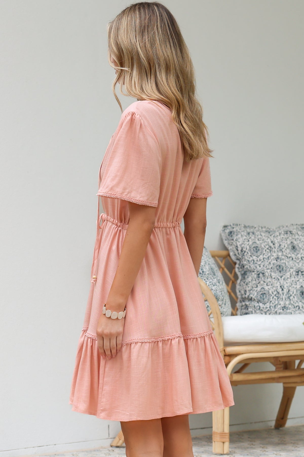 Brownie Mini Dress - Lace Trim Drawstring Waist Dress with Short Sleeves in Blush