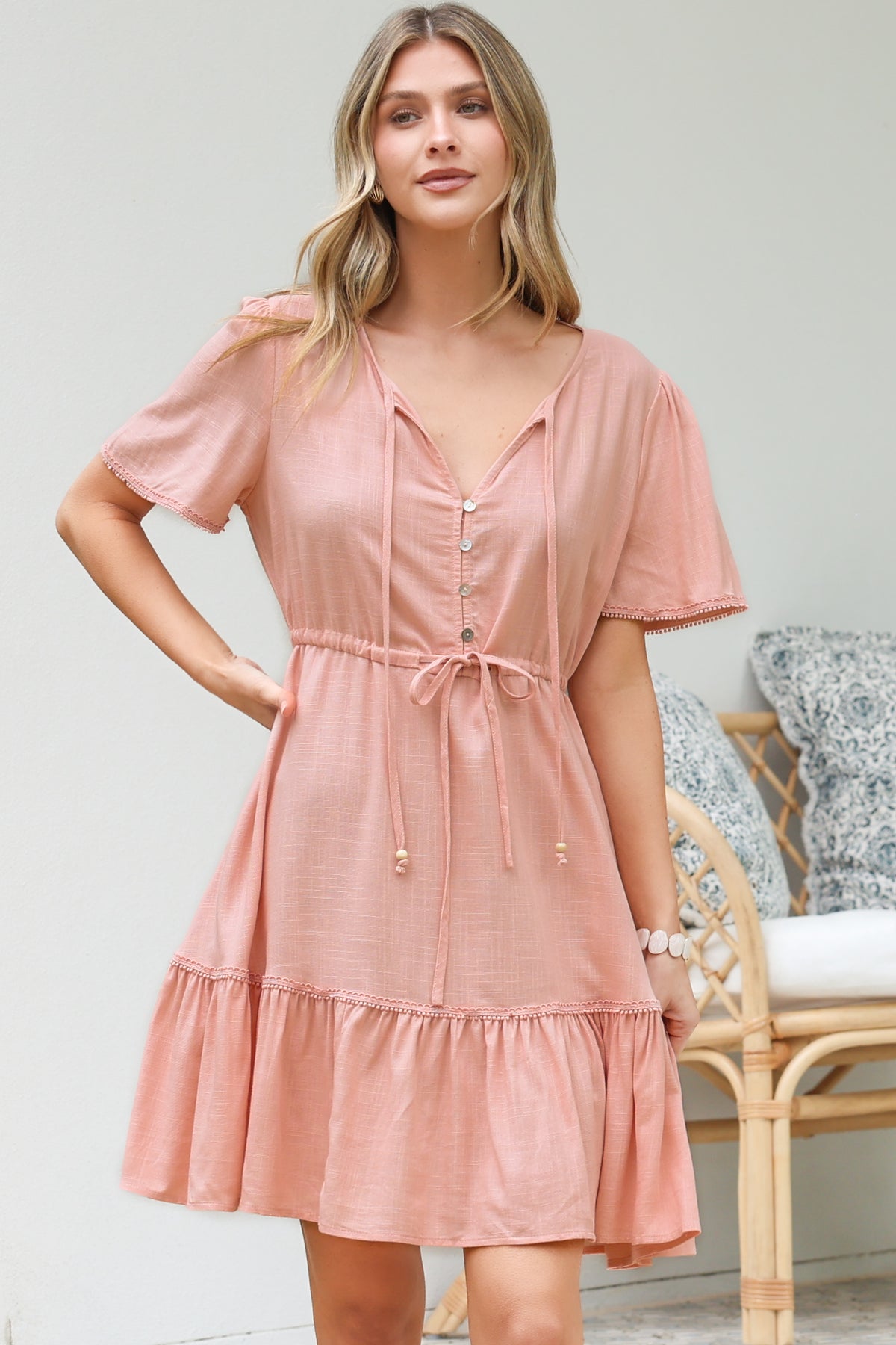 Brownie Mini Dress - Lace Trim Drawstring Waist Dress with Short Sleeves in Blush