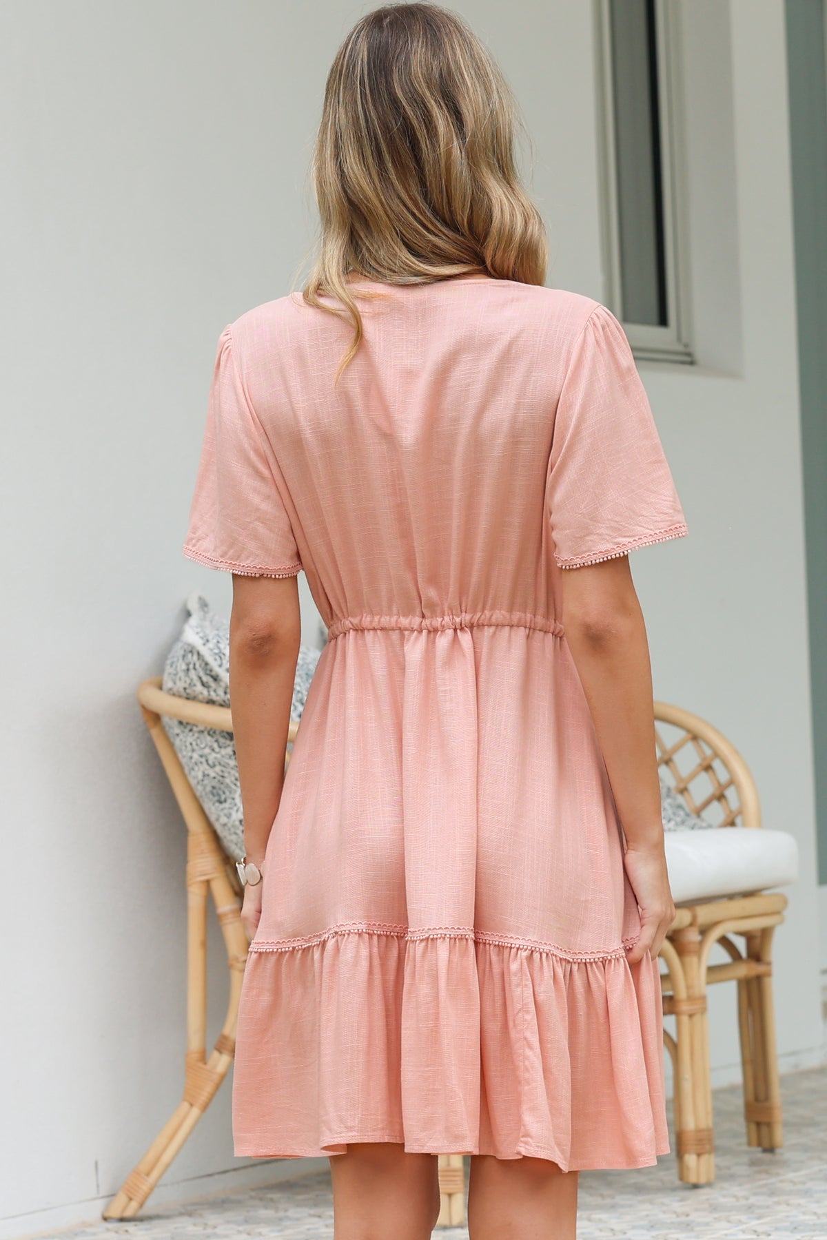 Brownie Mini Dress - Lace Trim Drawstring Waist Dress with Short Sleeves in Blush