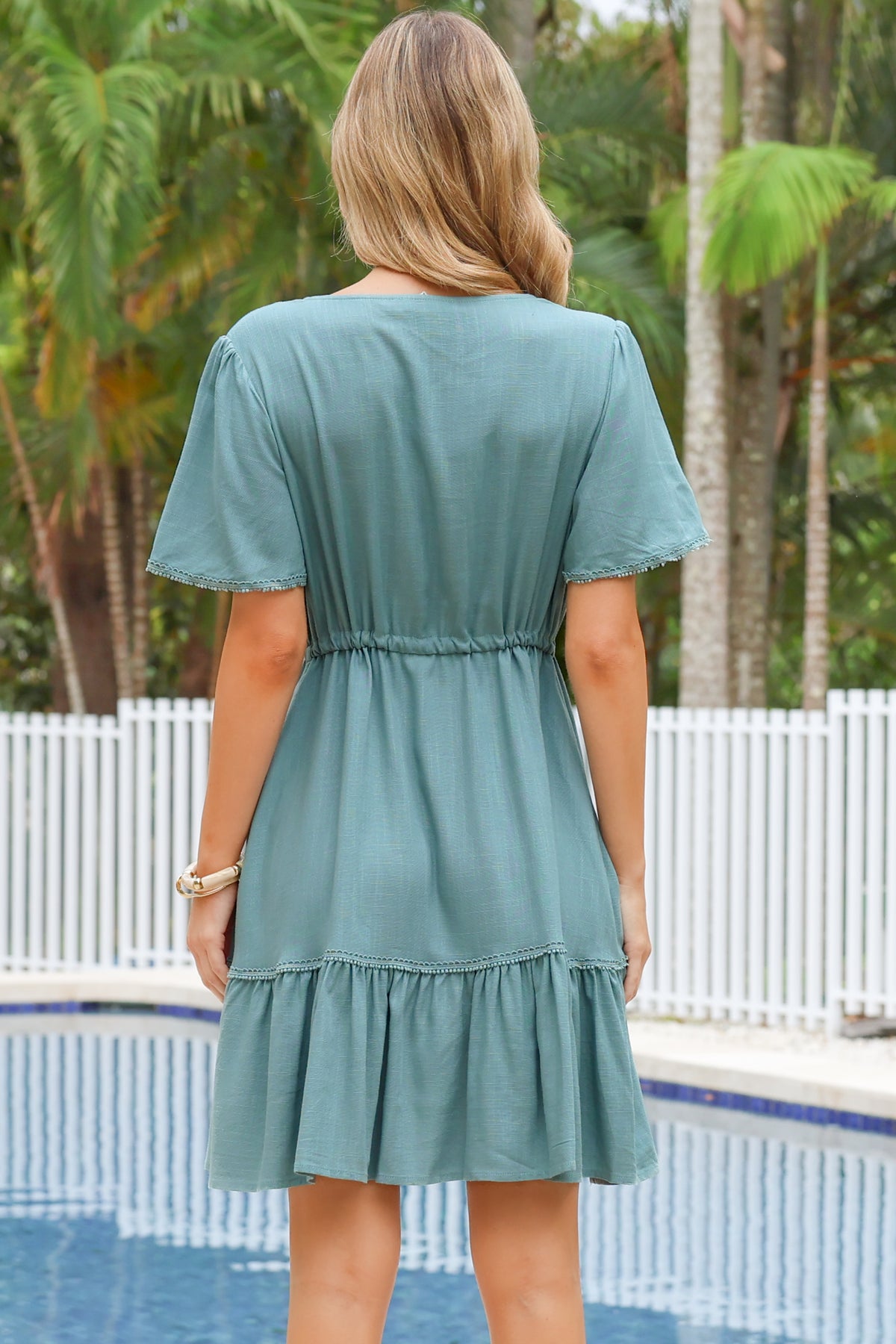 Brownie Mini Dress - Lace Trim Drawstring Waist Dress with Short Sleeves in Sage