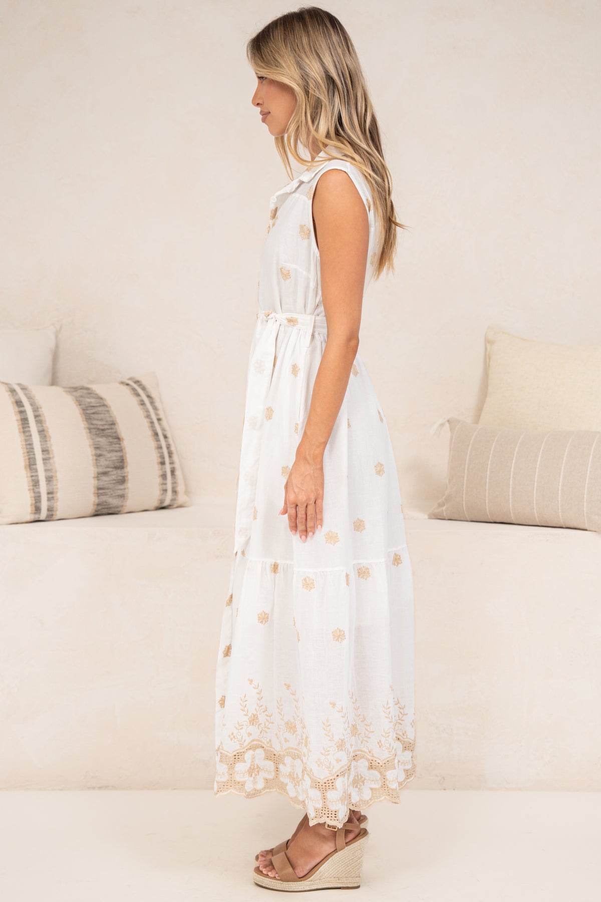 Bruna Midi Dress - Collared Embroidered Shirt Dress with Lace Trim Hem in Palmira Print