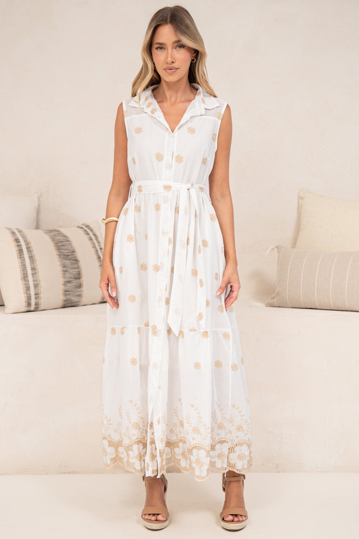 Bruna Midi Dress - Collared Embroidered Shirt Dress with Lace Trim Hem in Palmira Print