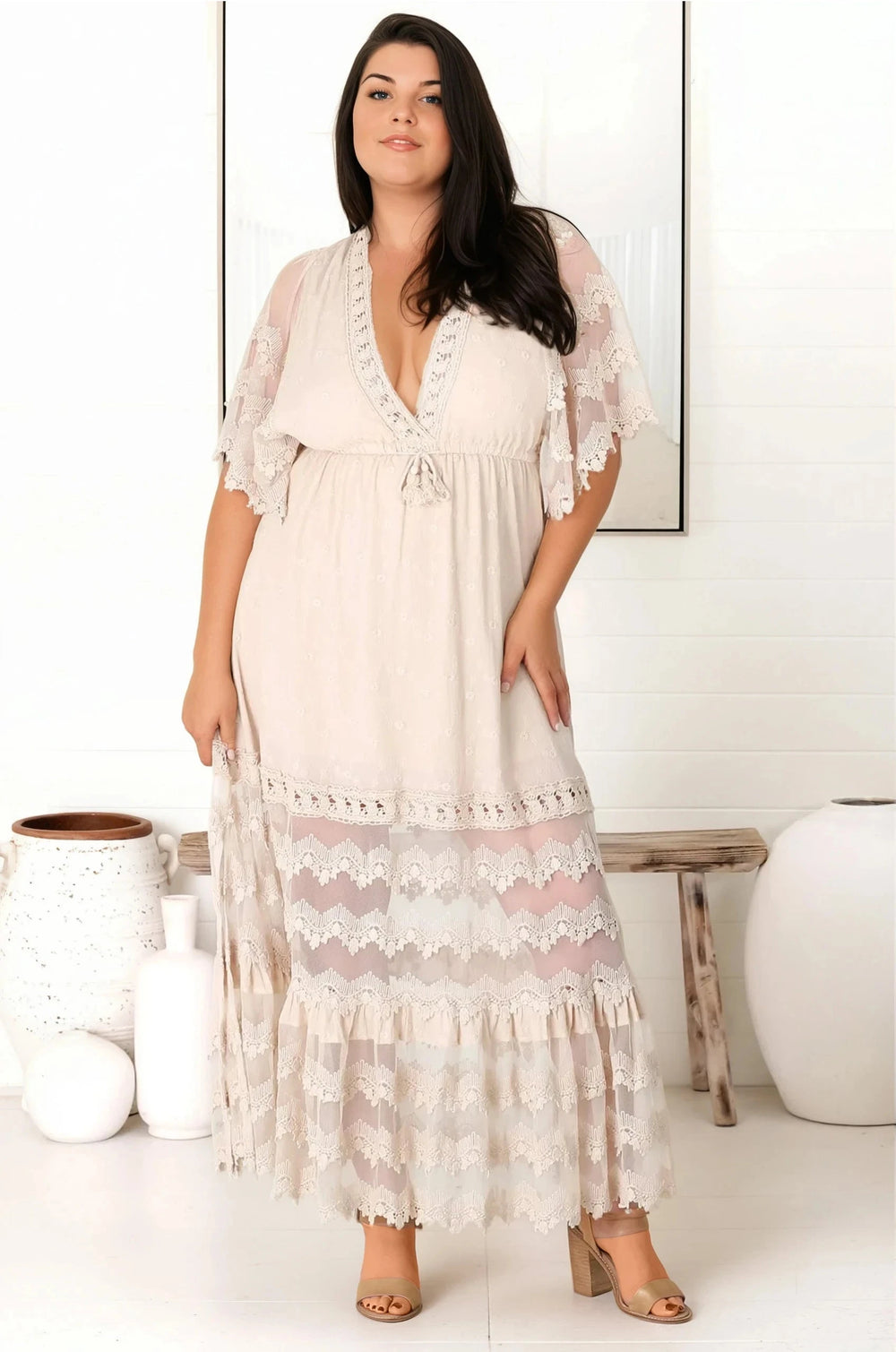 JAASE - Bungalow Maxi Dress: Embroidered Lace Deep V Neck Dress with Open Batwing Sleeves in Sand