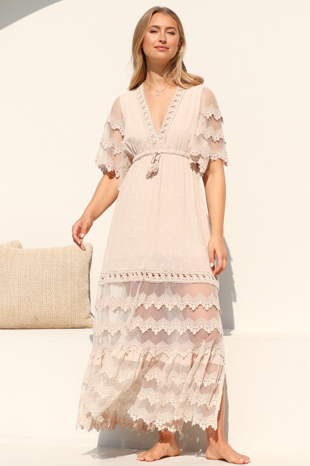 JAASE - Bungalow Maxi Dress: Embroidered Lace Deep V Neck Dress with Open Batwing Sleeves in Sand