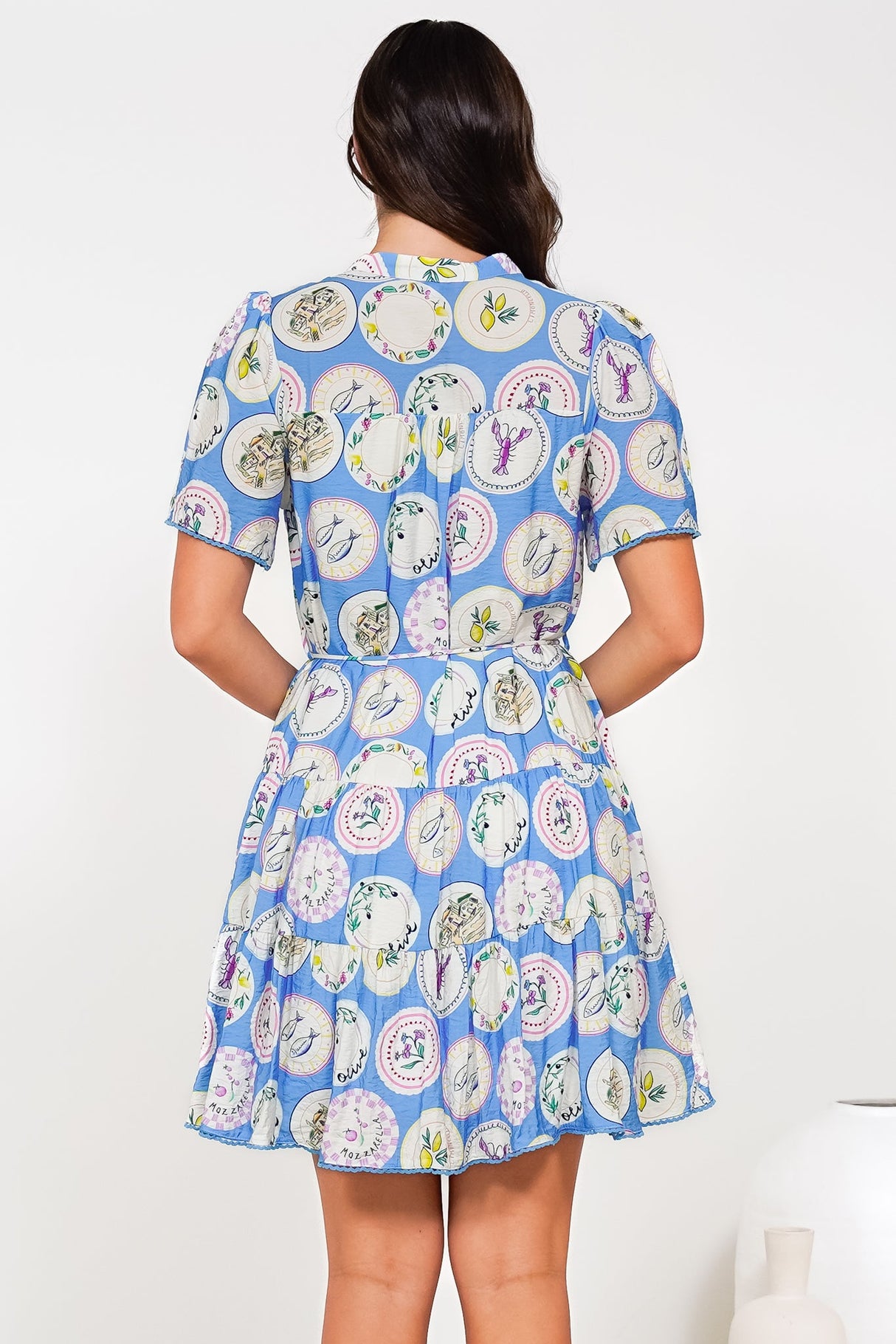 Buster Mini Dress - Mandarin Collar Shirt Dress with Waist Tie in Thatcher Print