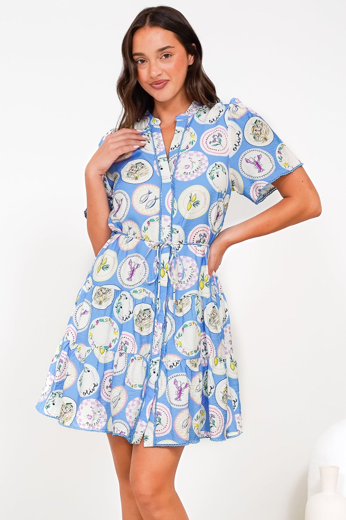 Buster Mini Dress - Mandarin Collar Shirt Dress with Waist Tie in Thatcher Print