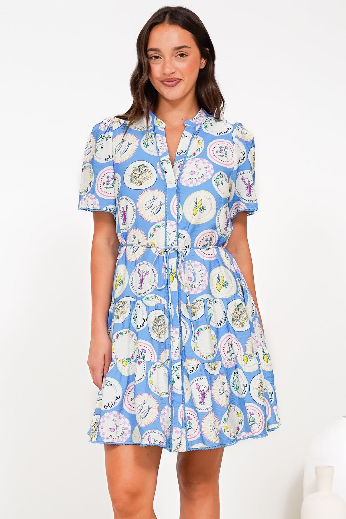 Buster Mini Dress - Mandarin Collar Shirt Dress with Waist Tie in Thatcher Print
