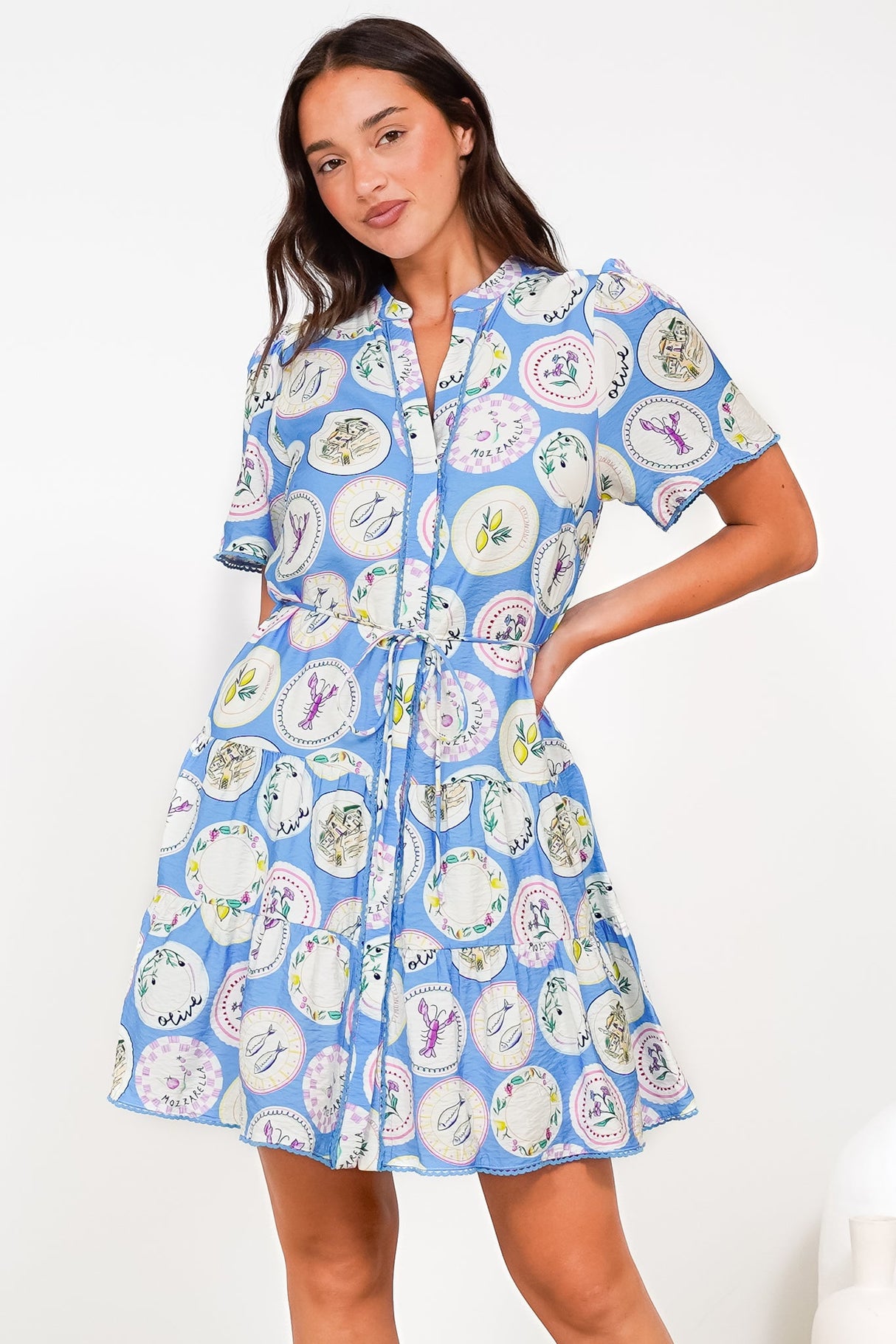 Buster Mini Dress - Mandarin Collar Shirt Dress with Waist Tie in Thatcher Print