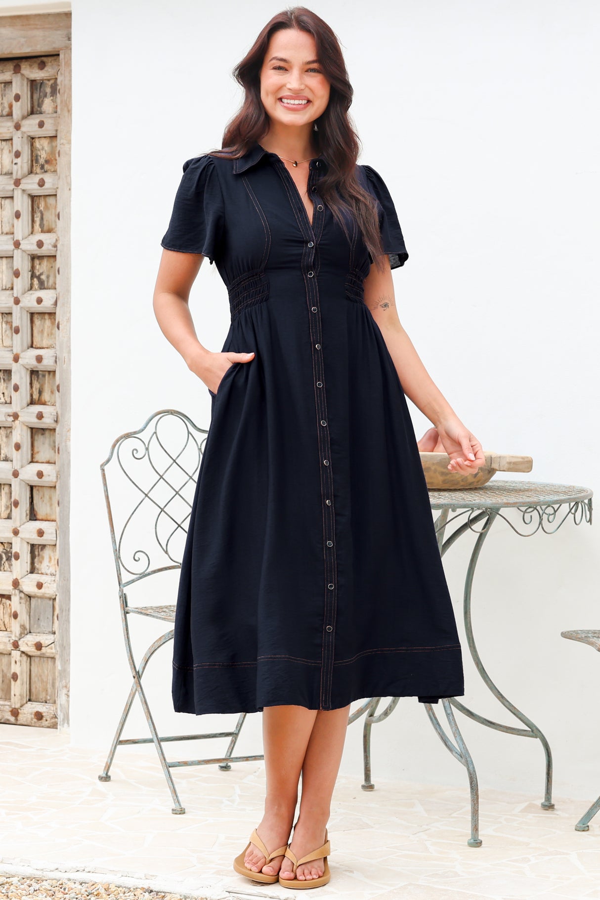 Byella Midi Dress - Collared Button Down Contrast Stitched Dress with Pockets in Navy