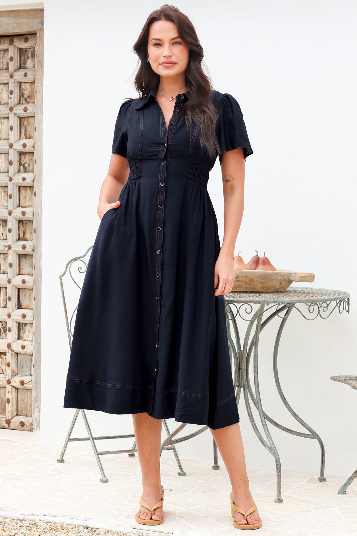 Byella Midi Dress - Collared Button Down Contrast Stitched Dress with Pockets in Navy