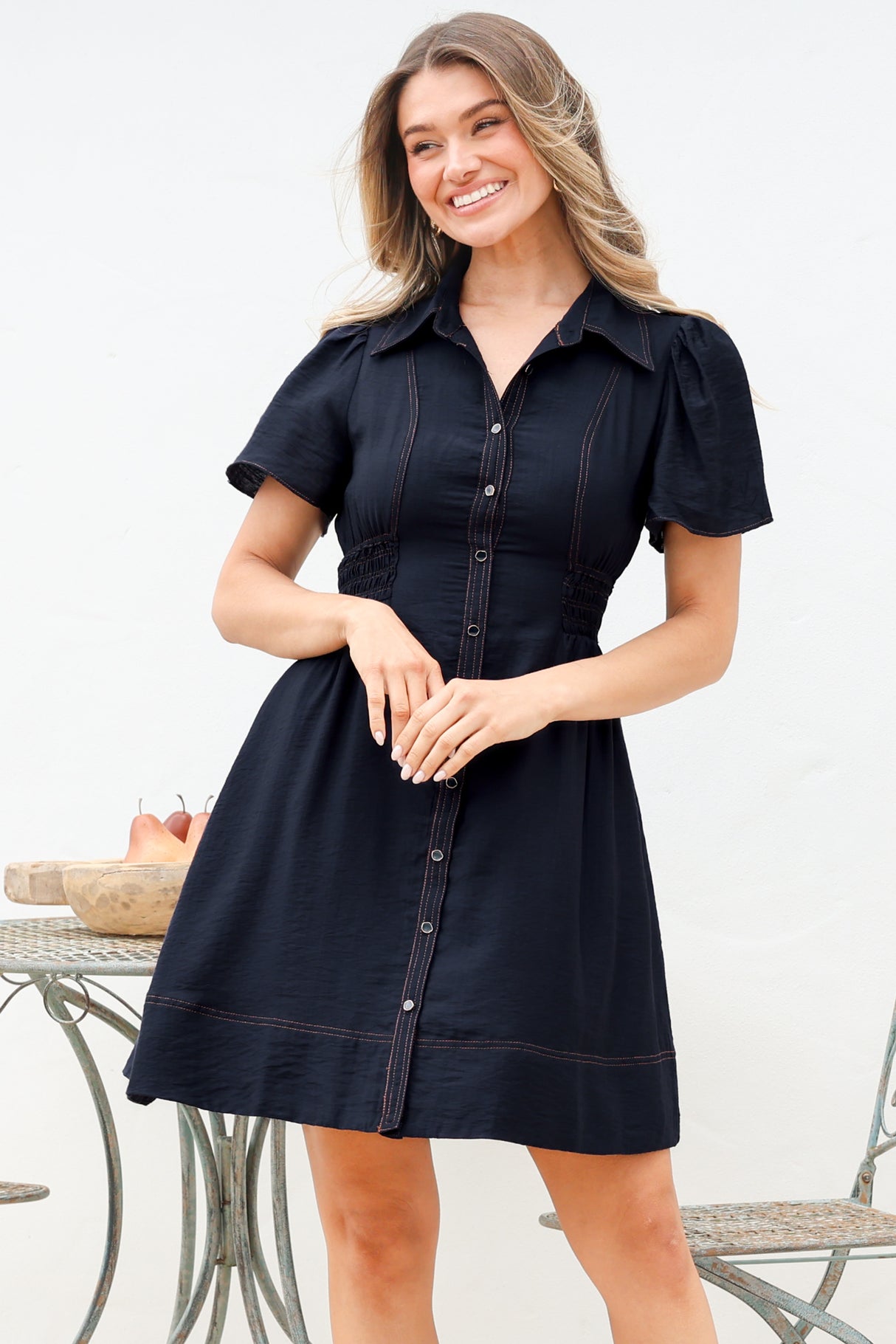 Byella Mini Dress - Collared Button Down Contrast Stitched Dress with Pockets in Navy