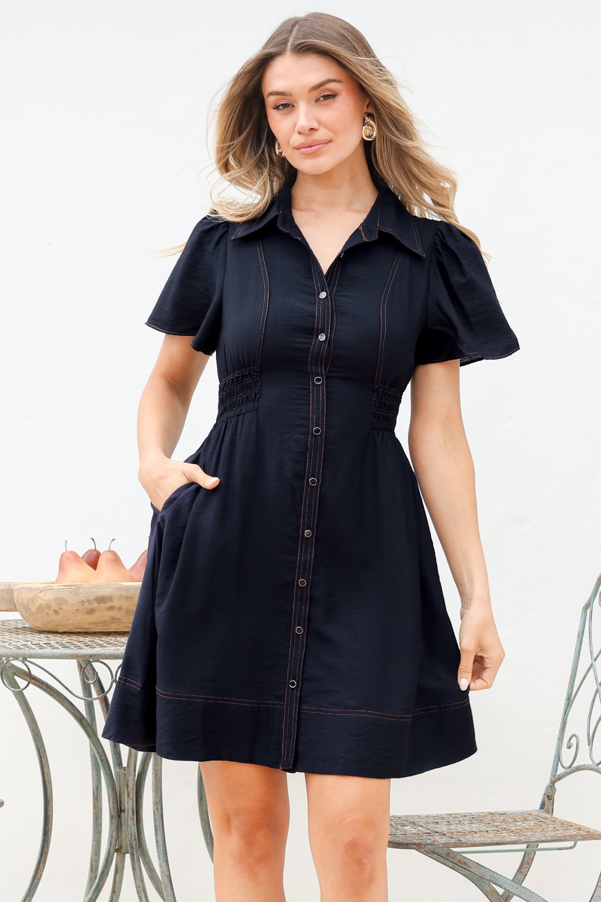 Byella Mini Dress - Collared Button Down Contrast Stitched Dress with Pockets in Navy