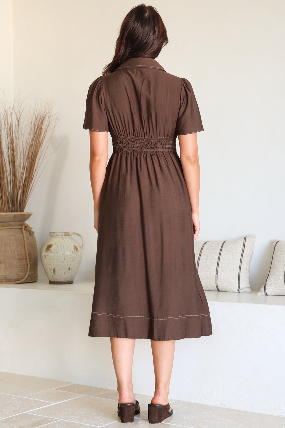 Byella Midi Dress - Collared Button Down Contrast Stitched Dress with Pockets in Chocolate