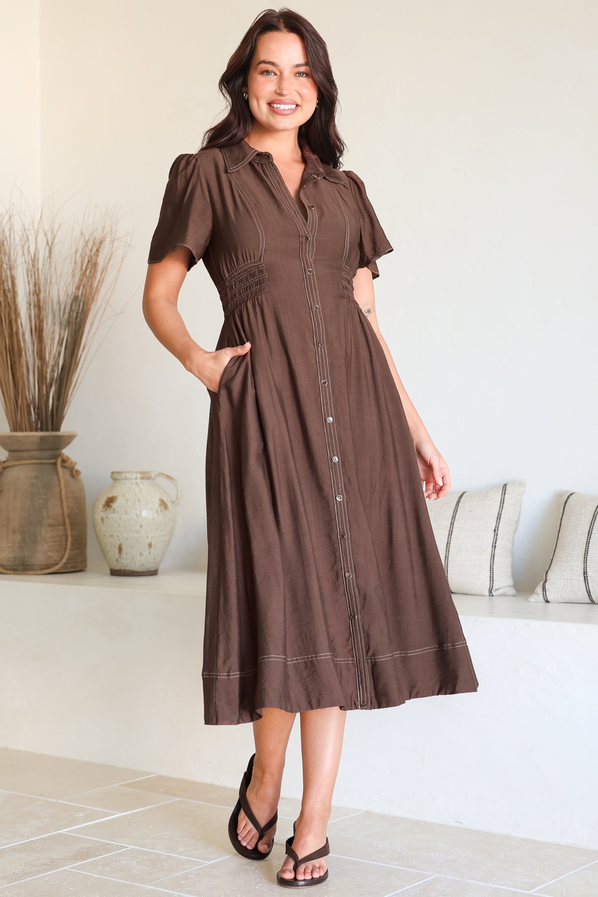 Byella Midi Dress - Collared Button Down Contrast Stitched Dress with Pockets in Chocolate