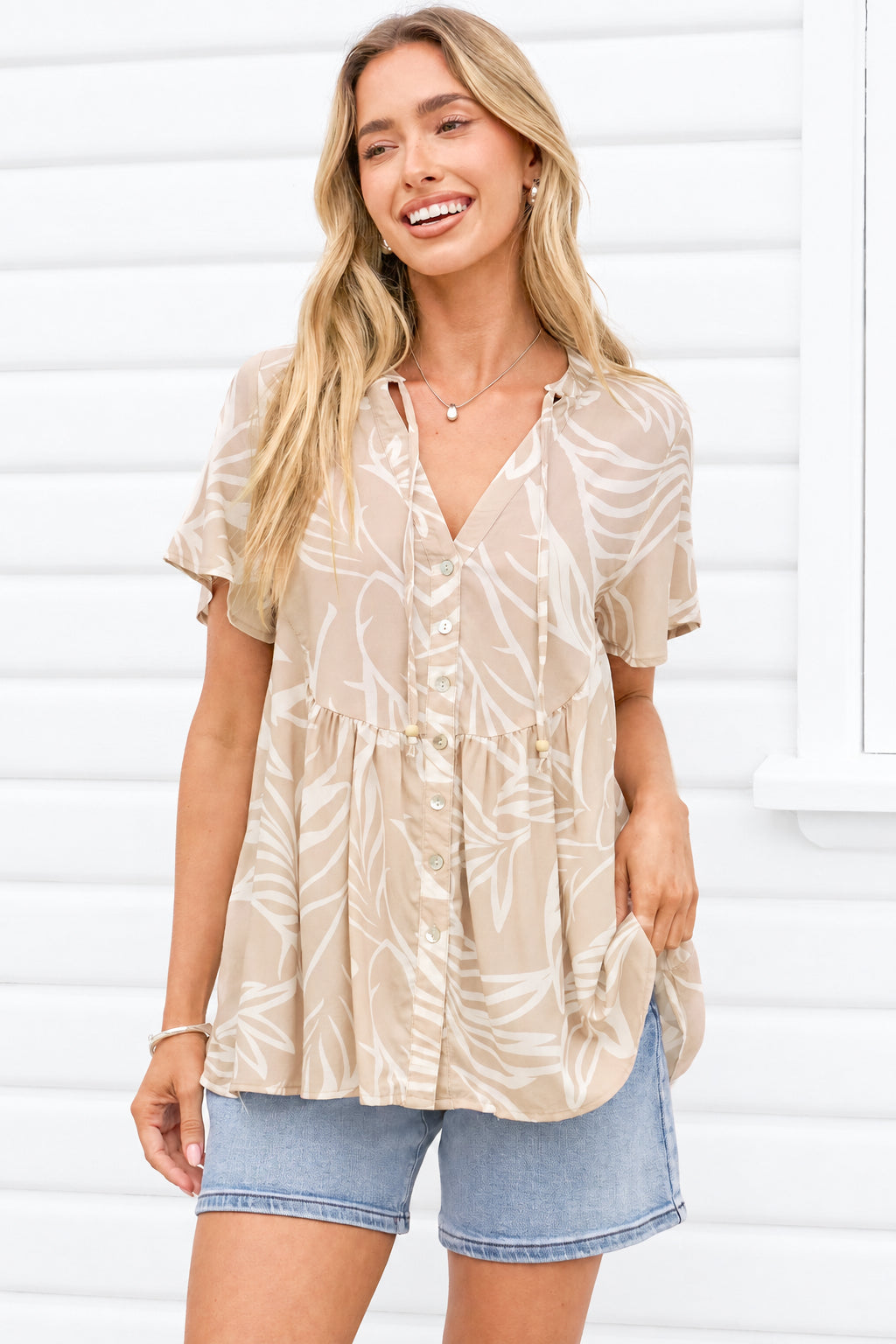 Bryonie Top - Tie V Neckline Button Down Top with Flutter Sleeves in Jeani Print Beige