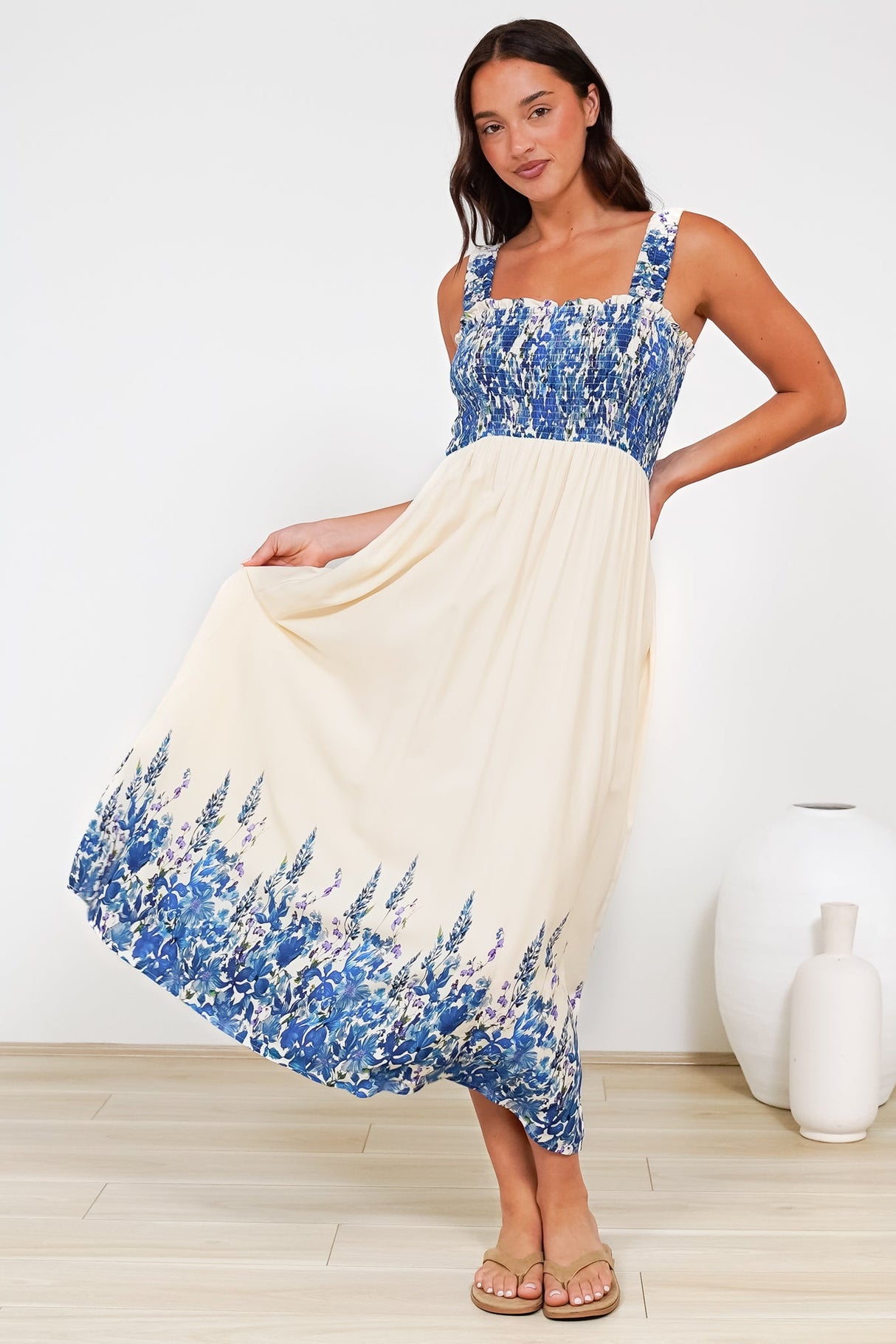 Cabana Maxi Dress - Smocked Bodice Sun Dress with Pockets in Marella Print Blue