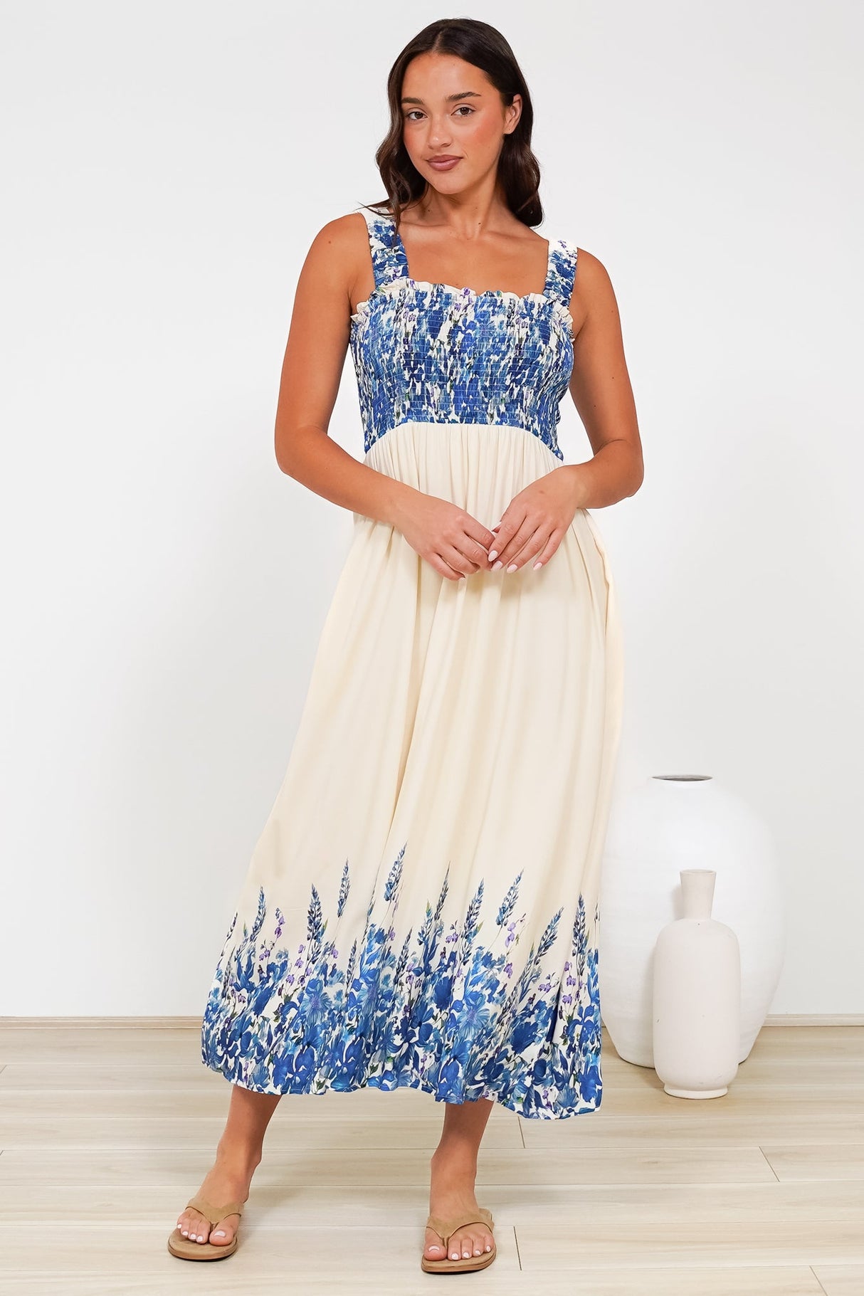 Cabana Maxi Dress - Smocked Bodice Sun Dress with Pockets in Marella Print Blue