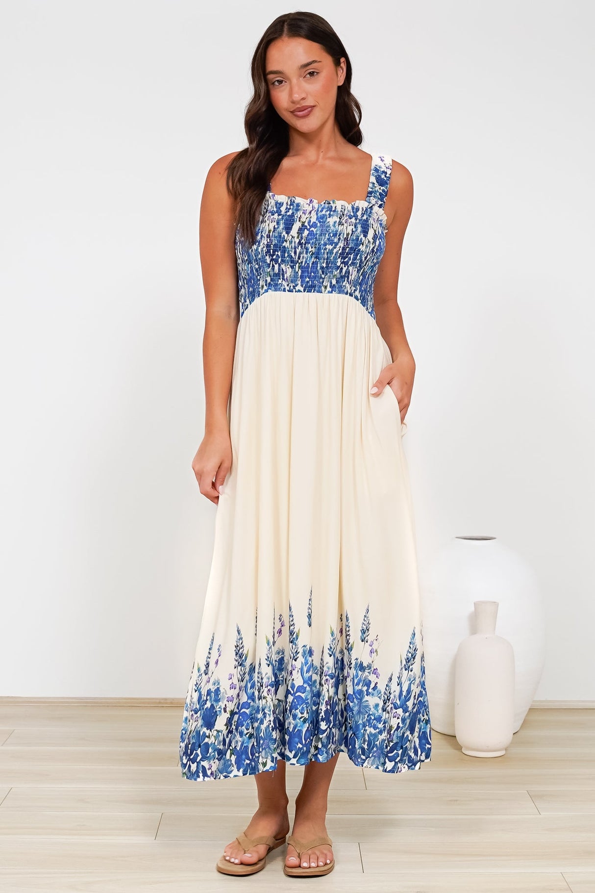 Cabana Maxi Dress - Smocked Bodice Sun Dress with Pockets in Marella Print Blue