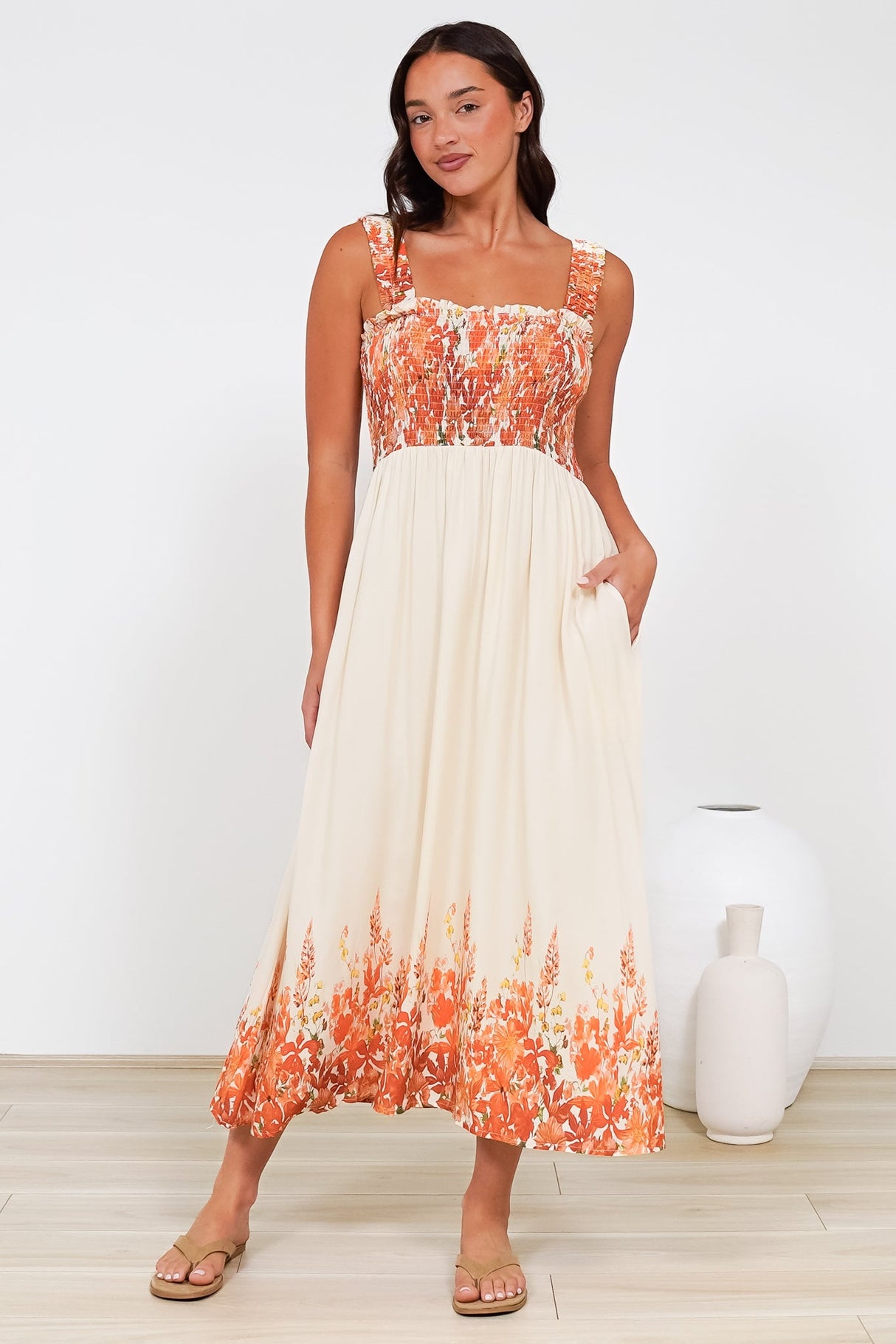 Cabana Maxi Dress - Smocked Bodice Sun Dress with Pockets in Marella Print Tangerine