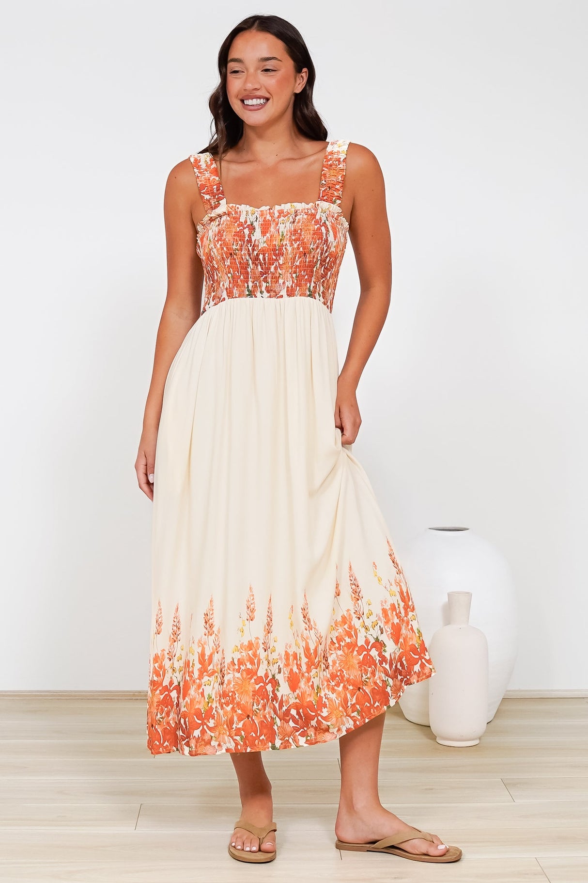 Cabana Maxi Dress - Smocked Bodice Sun Dress with Pockets in Marella Print Tangerine