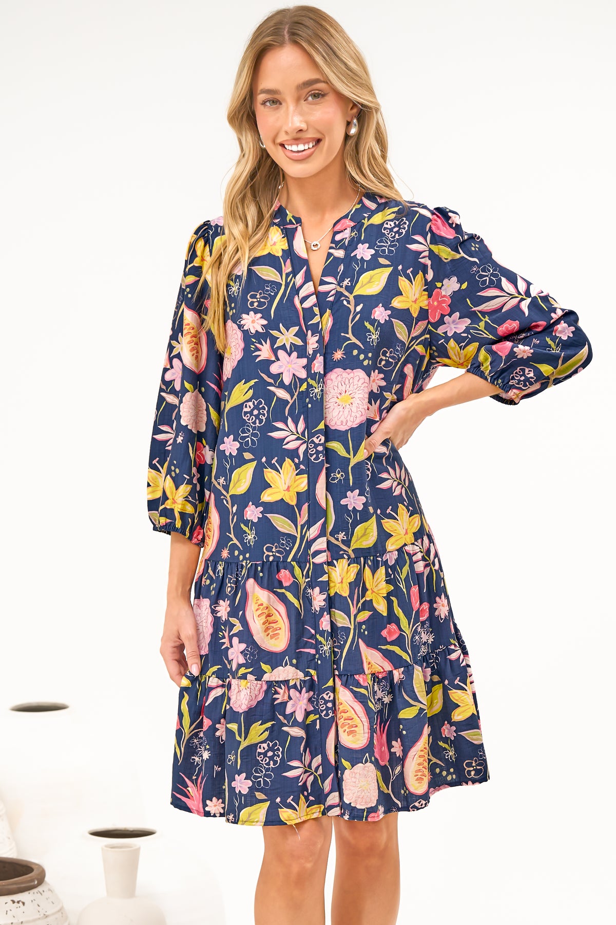 Cadell 3/4 Sleeve Mini Dress - Mandarin Collar Button Down Dress in Lanikai Print