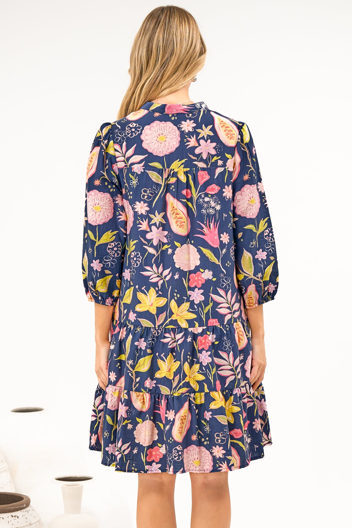Cadell 3/4 Sleeve Mini Dress - Mandarin Collar Button Down Dress in Lanikai Print