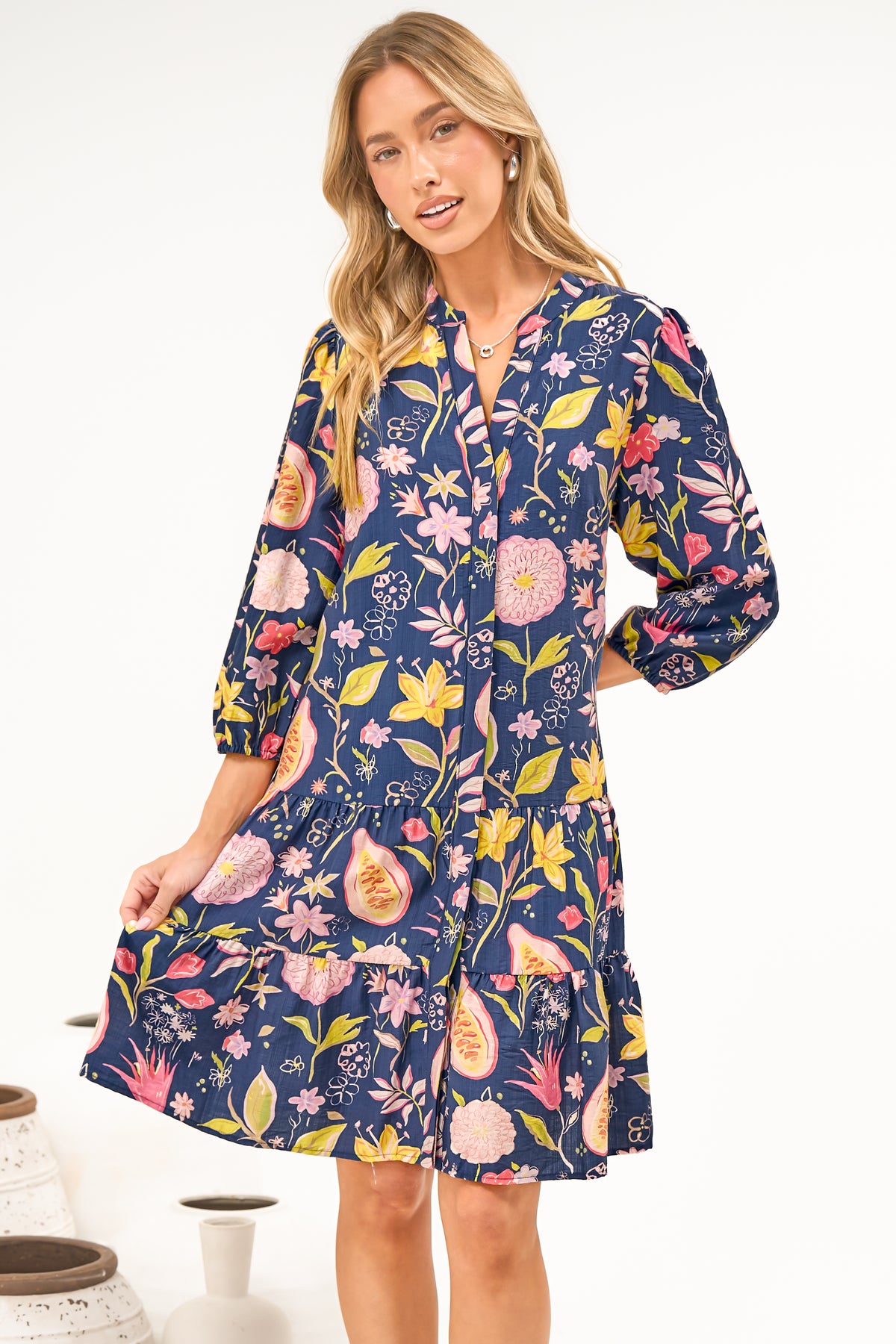 Cadell 3/4 Sleeve Mini Dress - Mandarin Collar Button Down Dress in Lanikai Print