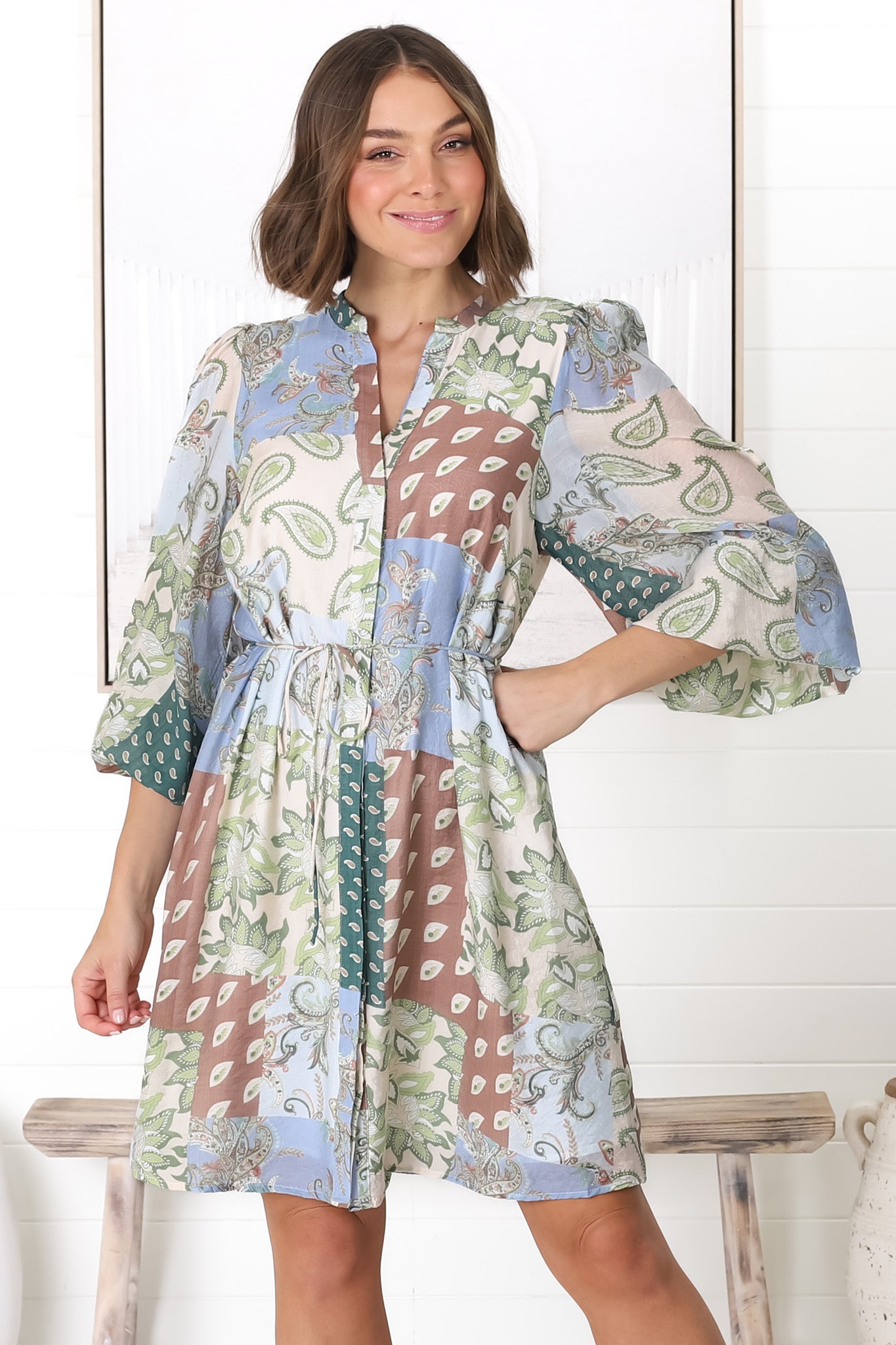 Cadell Mini Dress - Mandarin Collar Buttoned Down Dress Morocco Print