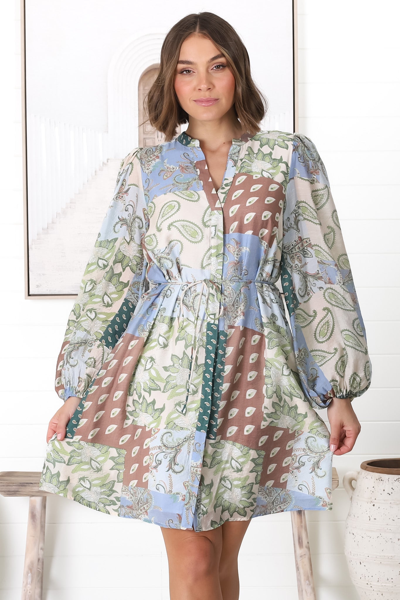 Cadell Mini Dress - Mandarin Collar Buttoned Down Dress Morocco Print