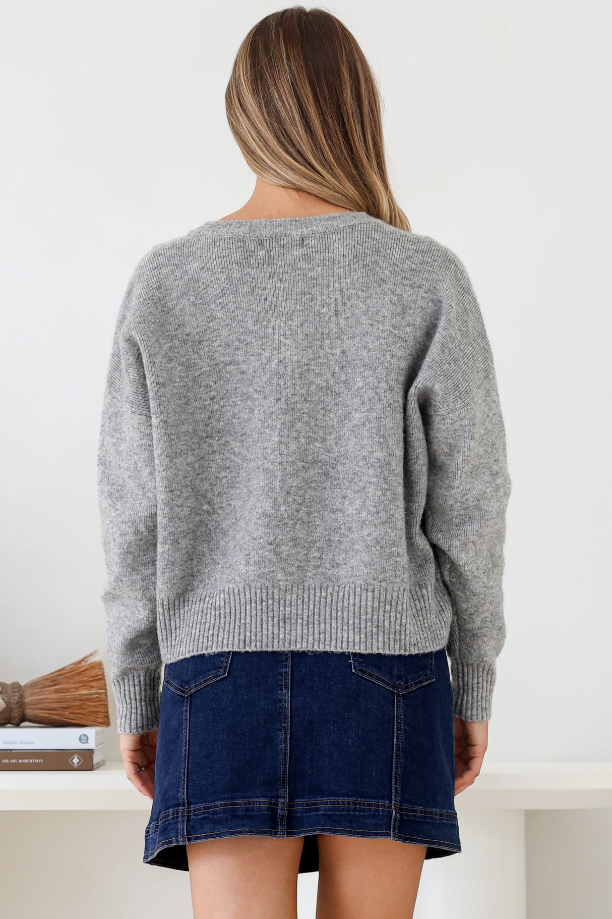 Caelan Cardigan - Crew Neck Tortoise Shell Button Crop Knit in Grey