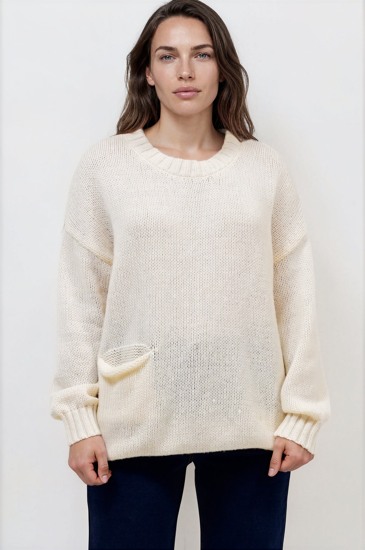 Model wearing Caesar Jumper in Beige from Salty Crush