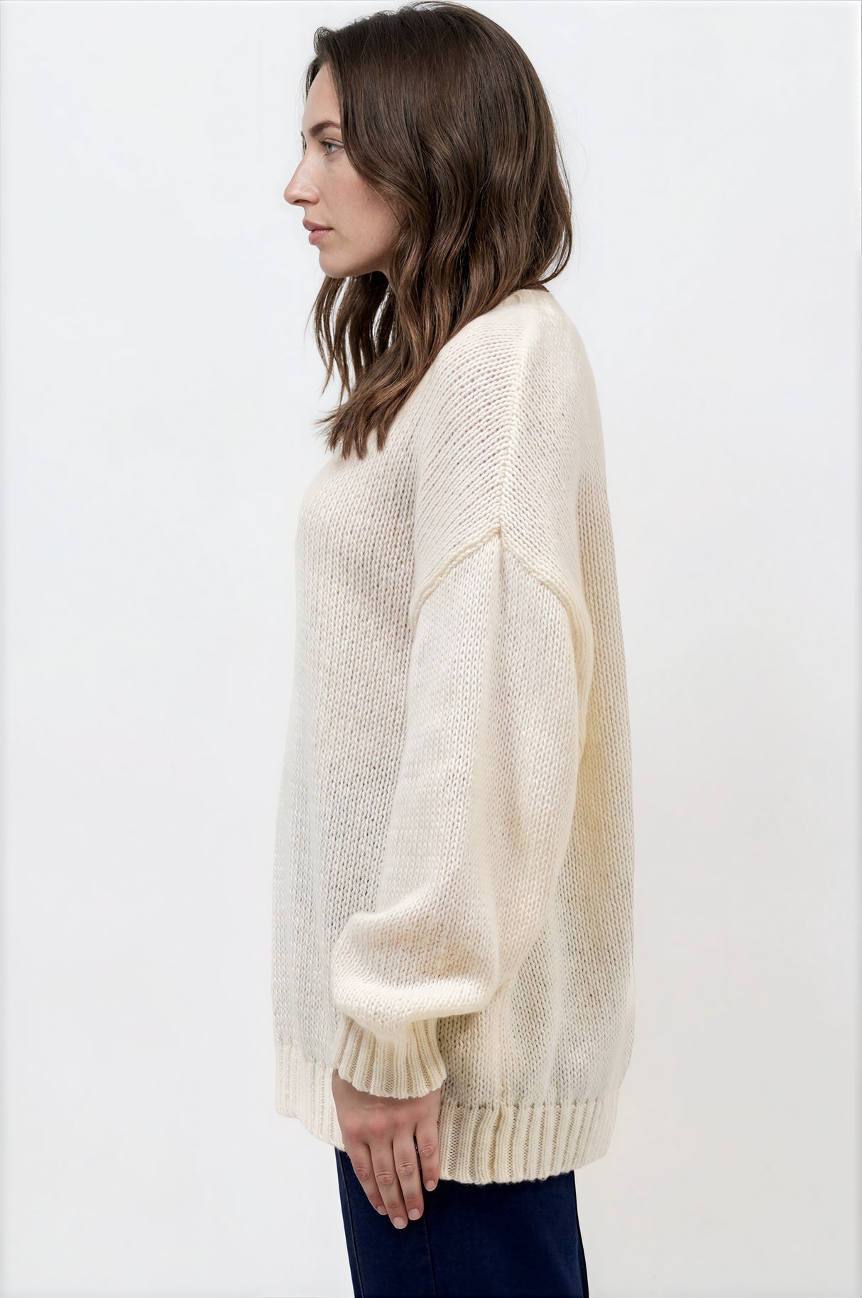 Model wearing Caesar Jumper in Beige from Salty Crush