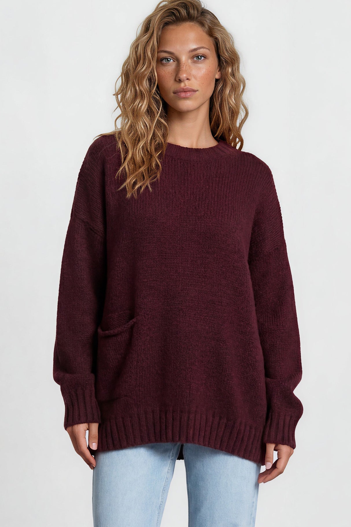 Model wearing Caesar Jumper in Wine from Salty Crush