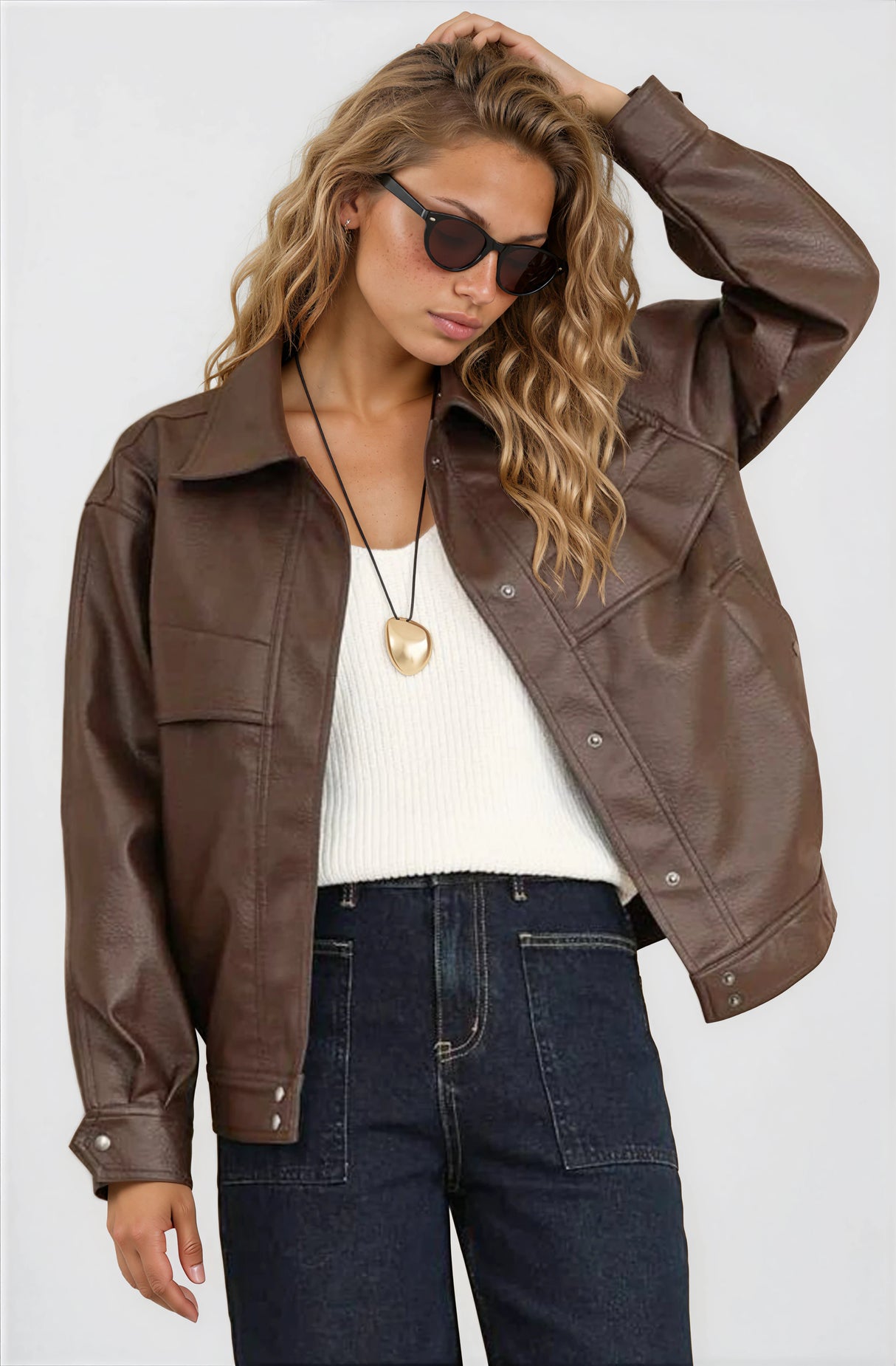 Caleb Jacket - PU Leather Relaxed Utility Jacket in Chocolate