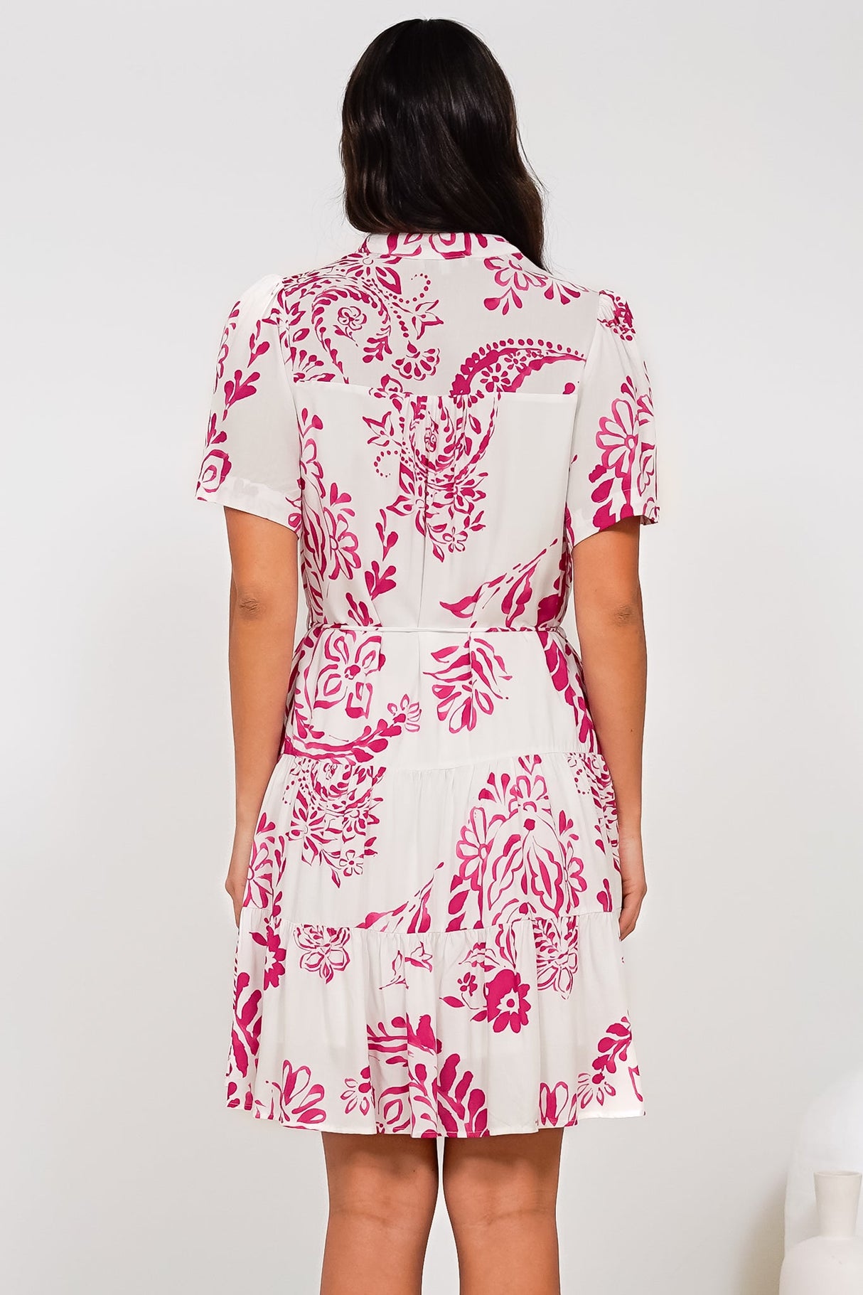 Calisti Mini Dress - Mandarin Collar Button Down Dress with Waist Tie in Honnie Print