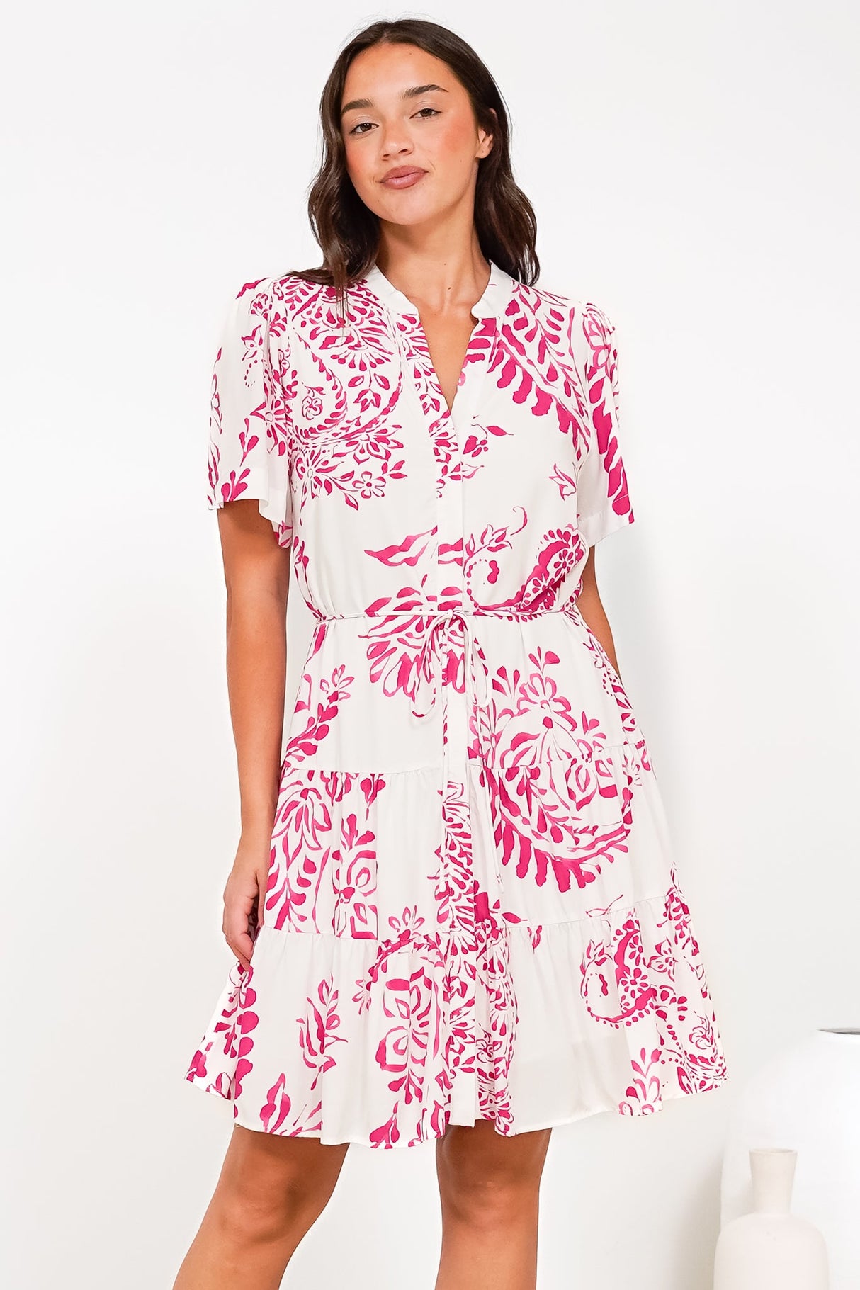 Calisti Mini Dress - Mandarin Collar Button Down Dress with Waist Tie in Honnie Print