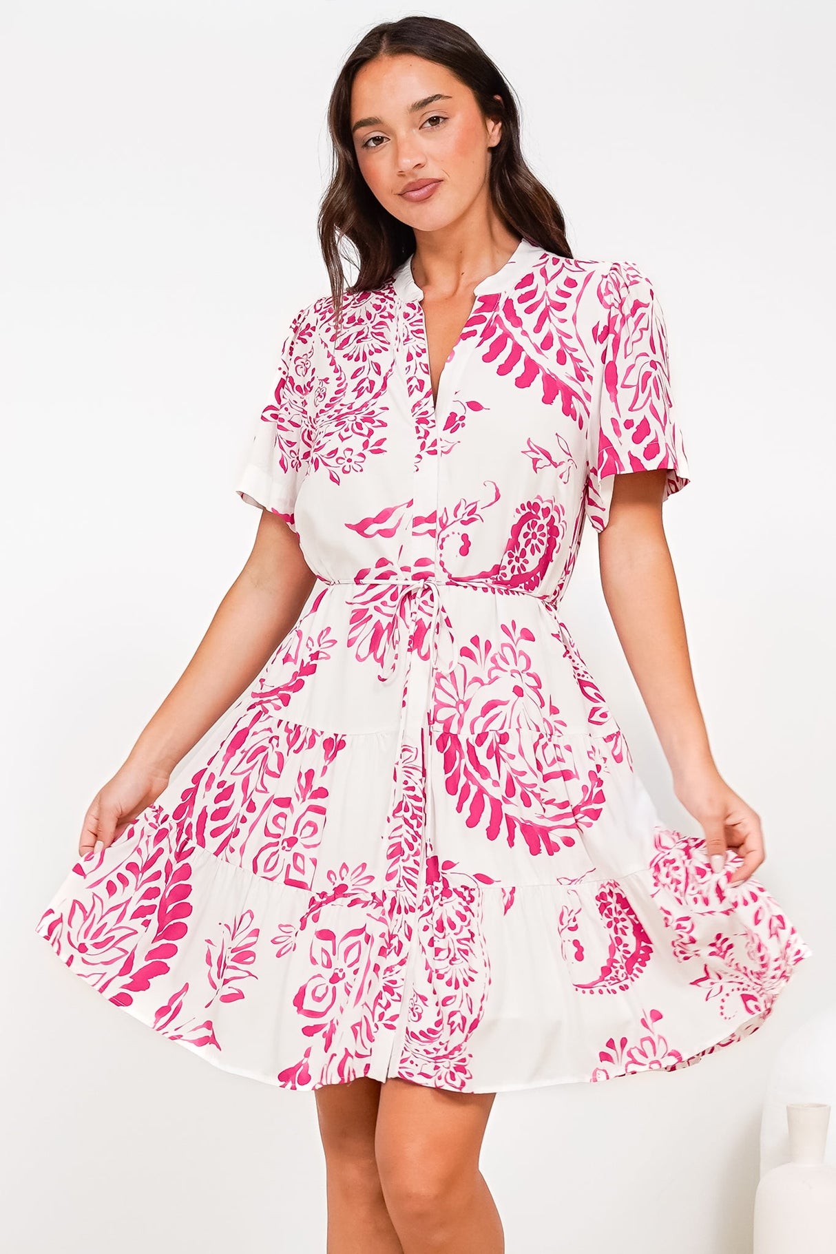 Calisti Mini Dress - Mandarin Collar Button Down Dress with Waist Tie in Honnie Print