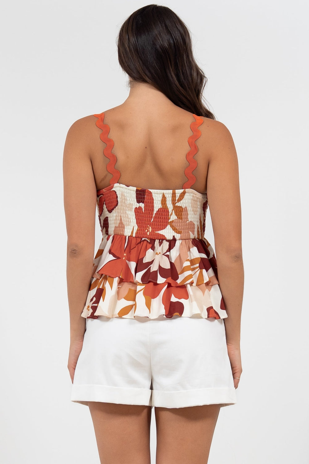 Calla Top - Ric Rac Strap Tiered Cami in Tangie Print