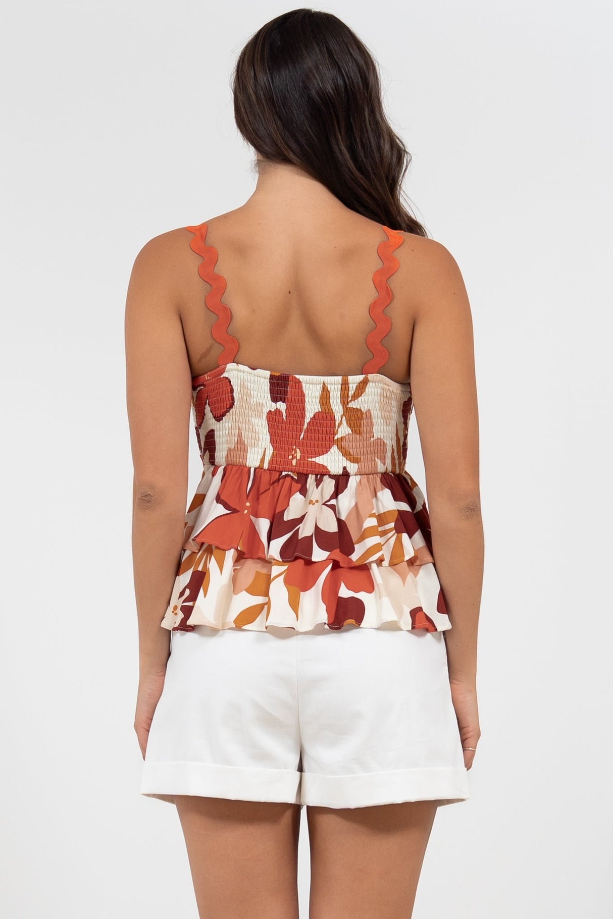 Calla Top - Ric Rac Strap Tiered Cami in Tangie Print