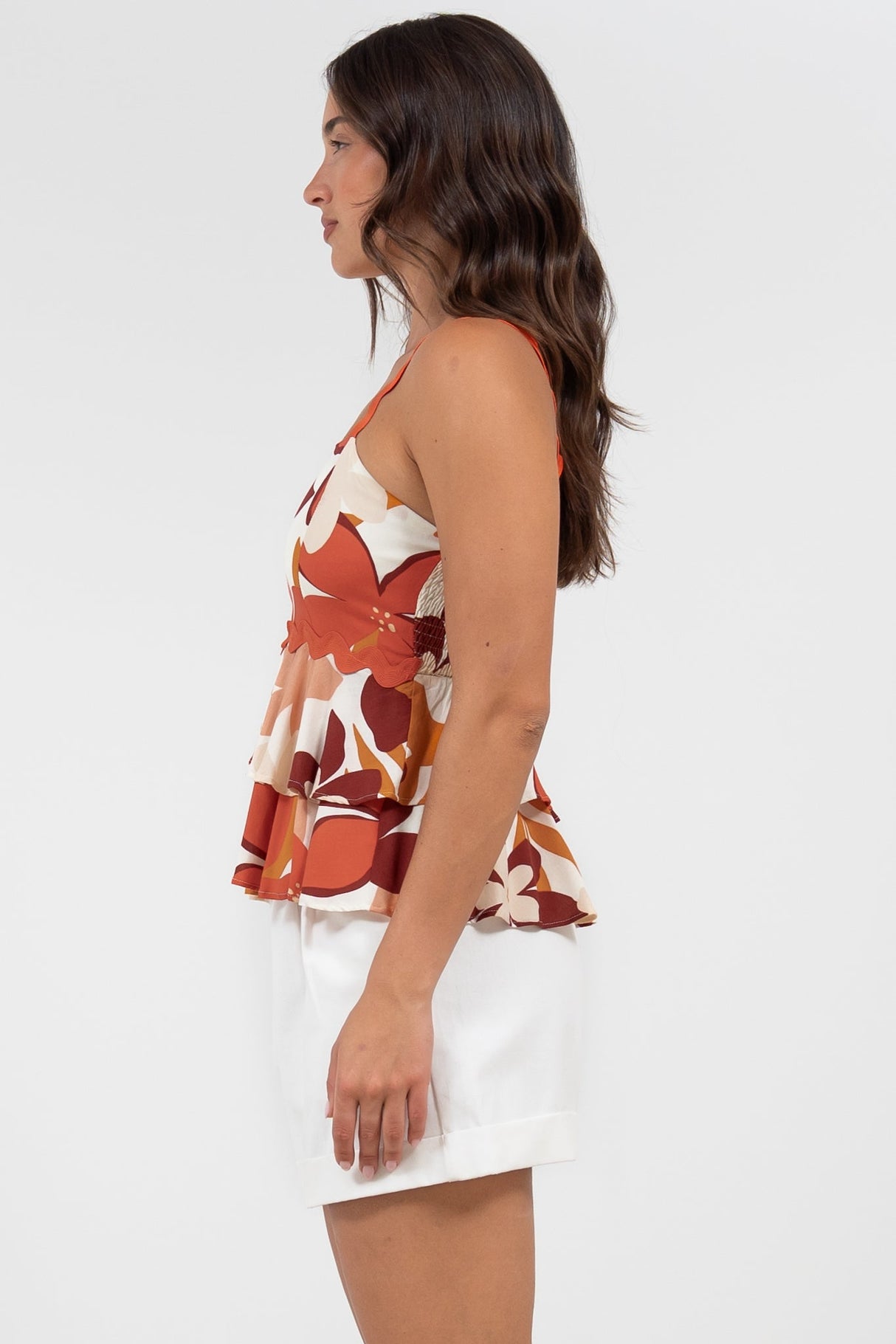 Calla Top - Ric Rac Strap Tiered Cami in Tangie Print