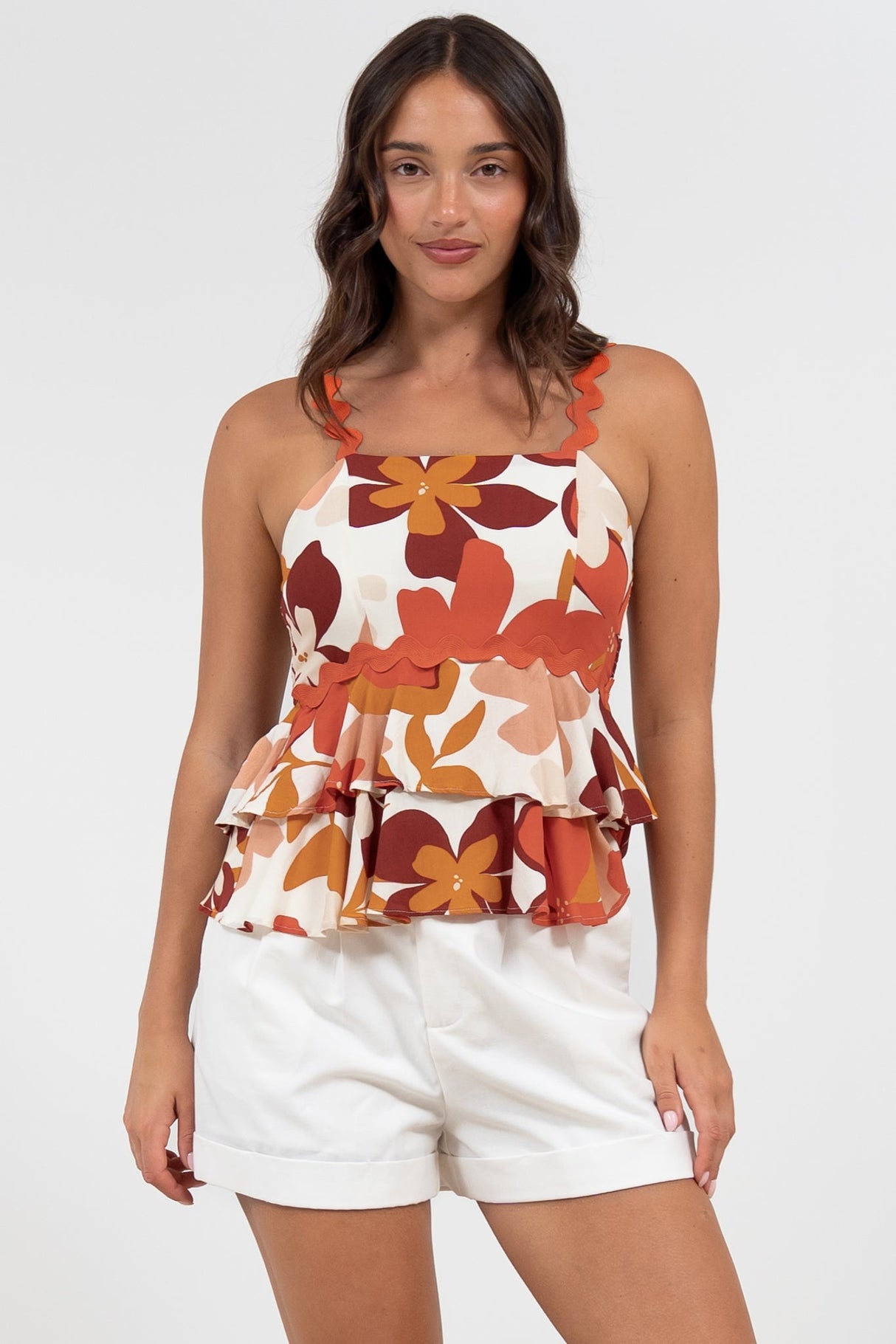 Calla Top - Ric Rac Strap Tiered Cami in Tangie Print
