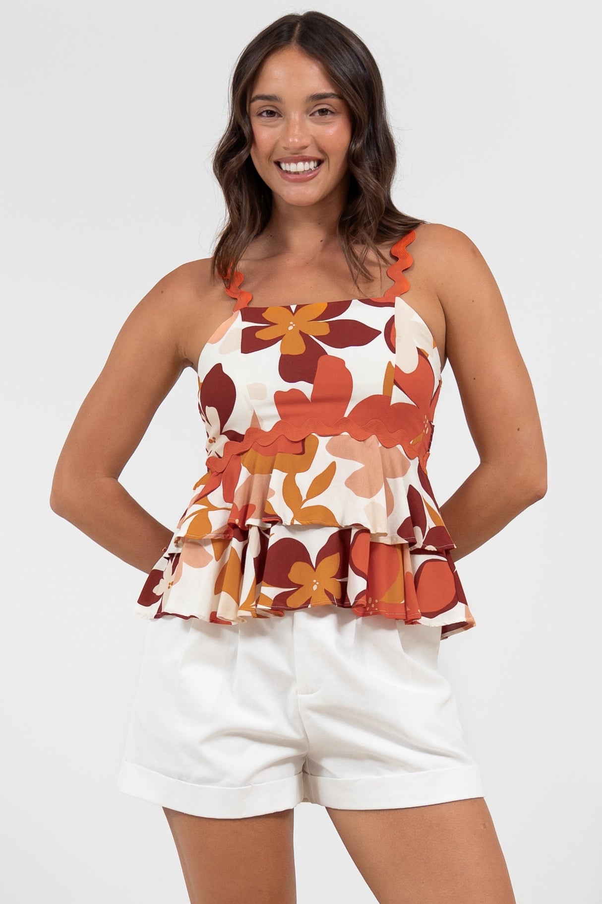 Calla Top - Ric Rac Strap Tiered Cami in Tangie Print